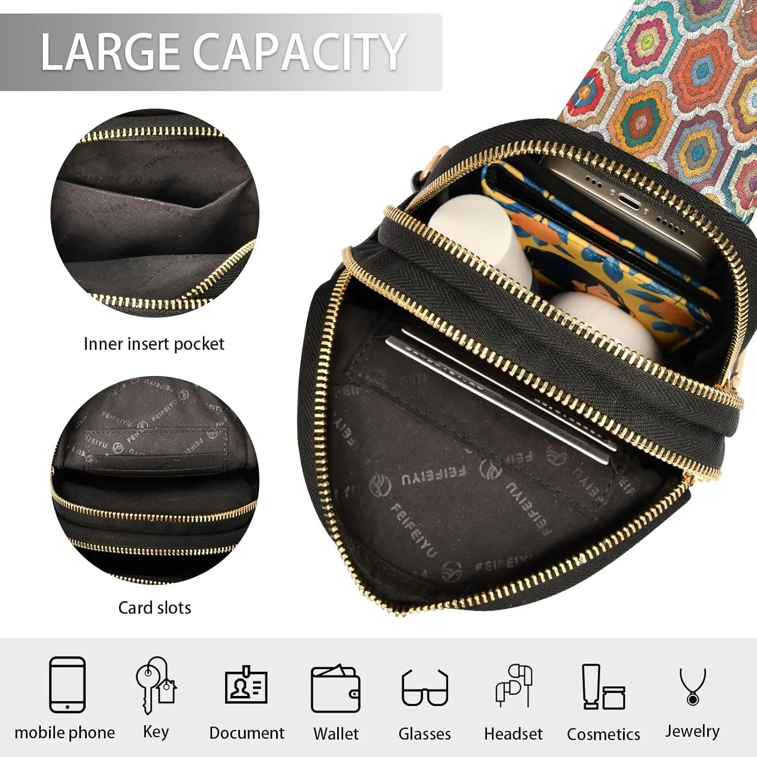 Small Sling Bag for Women Crossbody Embroidery Boho Style Fashion Leather Crossbody Bag for Women Rainbow Trendy Crossbody Purse Fanny Pack with Adjustable Guitar Strap Outfit
