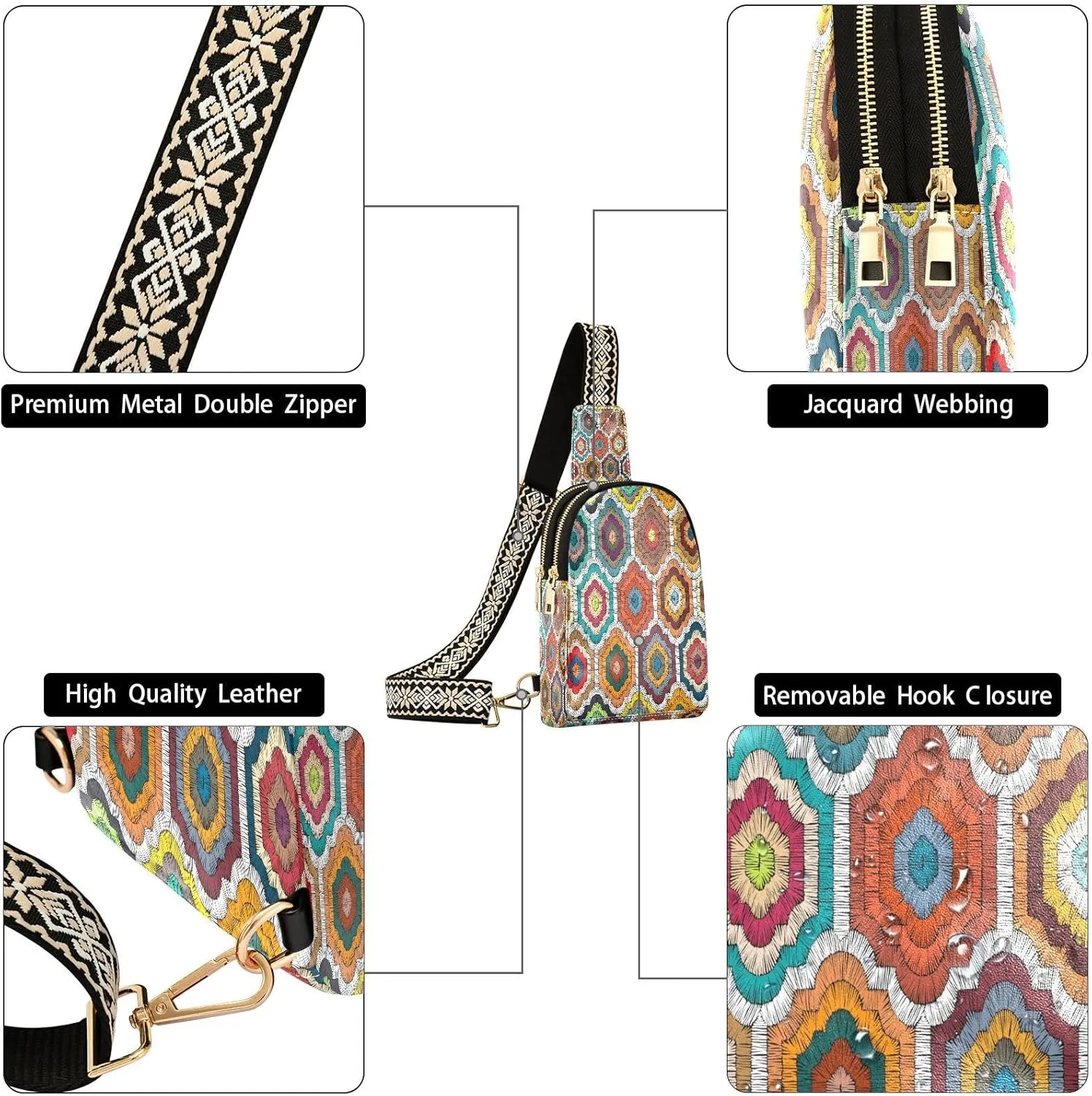 Small Sling Bag for Women Crossbody Embroidery Boho Style Fashion Leather Crossbody Bag for Women Rainbow Trendy Crossbody Purse Fanny Pack with Adjustable Guitar Strap Outfit