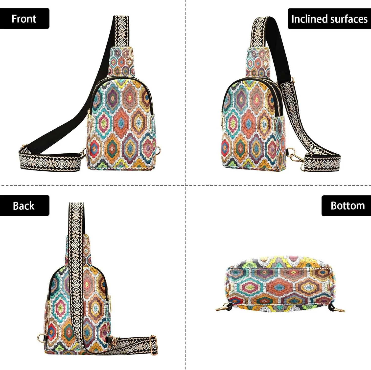 Small Sling Bag for Women Crossbody Embroidery Boho Style Fashion Leather Crossbody Bag for Women Rainbow Trendy Crossbody Purse Fanny Pack with Adjustable Guitar Strap Outfit