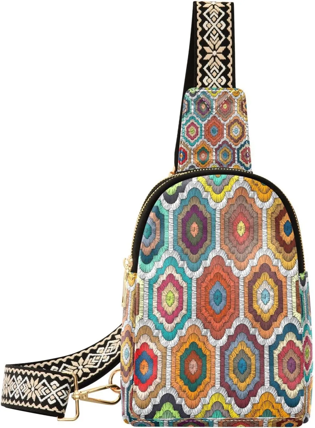 Small Sling Bag for Women Crossbody Embroidery Boho Style Fashion Leather Crossbody Bag for Women Rainbow Trendy Crossbody Purse Fanny Pack with Adjustable Guitar Strap Outfit