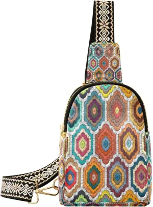 Small Sling Bag for Women Crossbody Embroidery Boho Style Fashion Leather Crossbody Bag for Women Rainbow Trendy Crossbody Purse Fanny Pack with Adjustable Guitar Strap Outfit