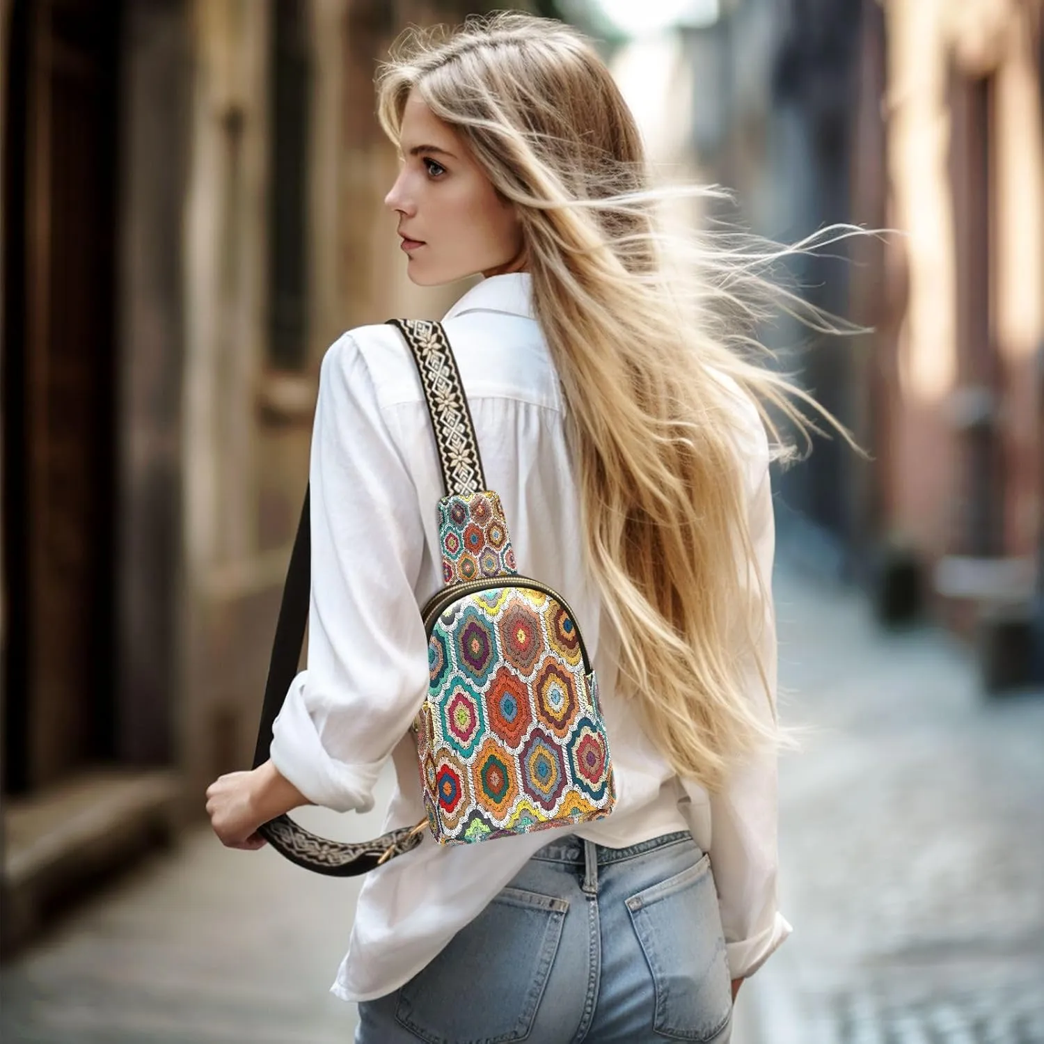 Small Sling Bag for Women Crossbody Embroidery Boho Style Fashion Leather Crossbody Bag for Women Rainbow Trendy Crossbody Purse Fanny Pack with Adjustable Guitar Strap Outfit