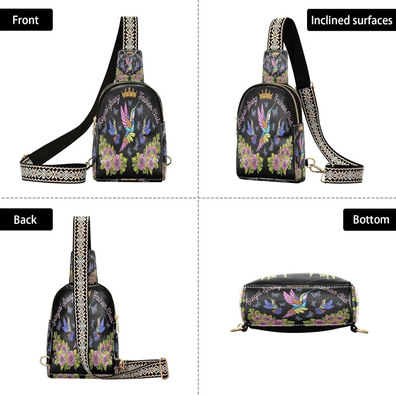 Small Sling Bag for Women Crossbody Hummingbirds Butterflies Fashion Leather Crossbody Bag for Women Embroidery Royal Trendy Crossbody Purse Fanny Pack with Adjustable Guitar Strap Outfit