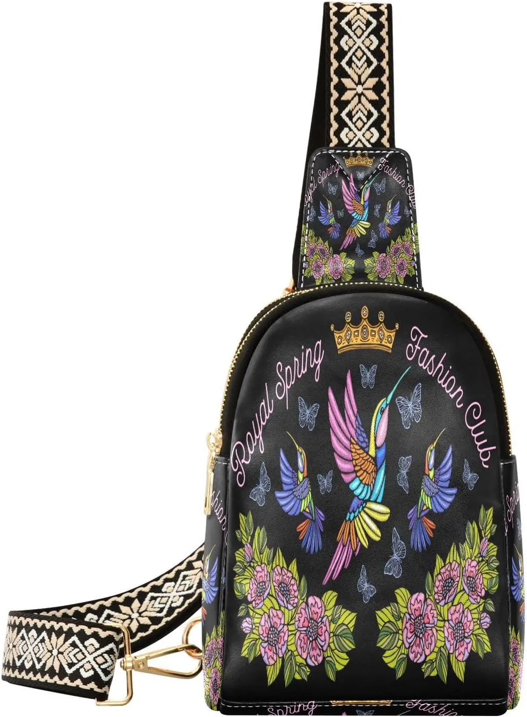 Small Sling Bag for Women Crossbody Hummingbirds Butterflies Fashion Leather Crossbody Bag for Women Embroidery Royal Trendy Crossbody Purse Fanny Pack with Adjustable Guitar Strap Outfit