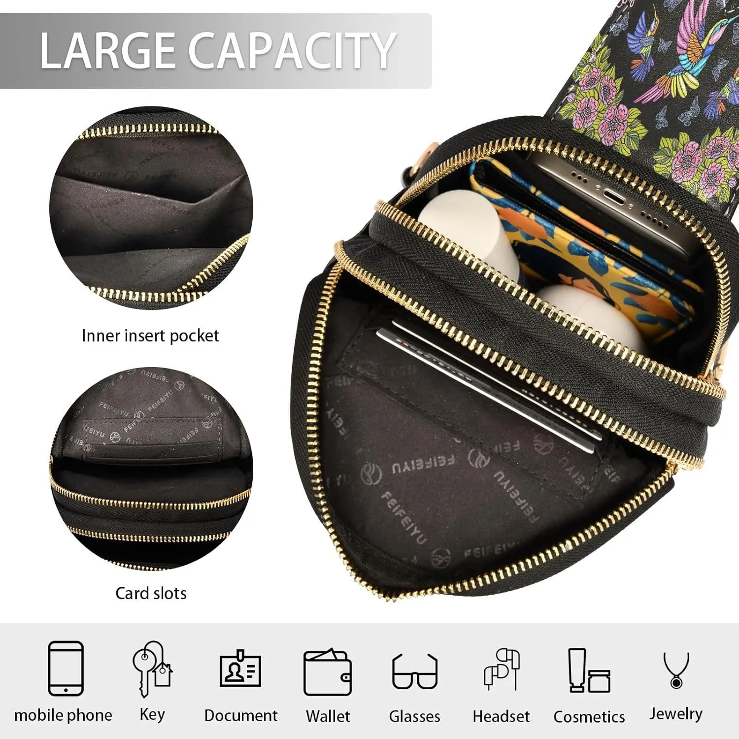 Small Sling Bag for Women Crossbody Hummingbirds Butterflies Fashion Leather Crossbody Bag for Women Embroidery Royal Trendy Crossbody Purse Fanny Pack with Adjustable Guitar Strap Outfit