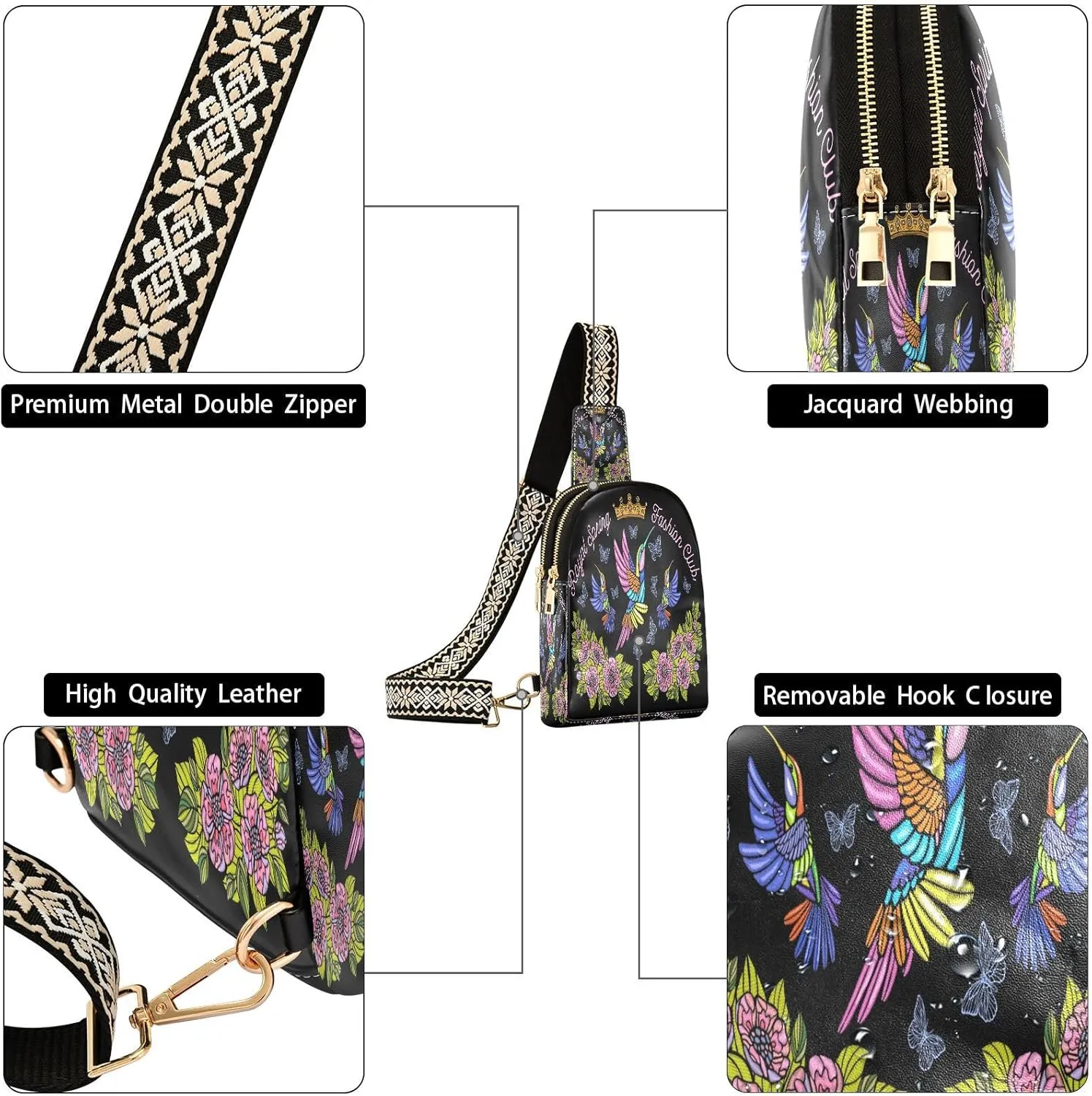 Small Sling Bag for Women Crossbody Hummingbirds Butterflies Fashion Leather Crossbody Bag for Women Embroidery Royal Trendy Crossbody Purse Fanny Pack with Adjustable Guitar Strap Outfit