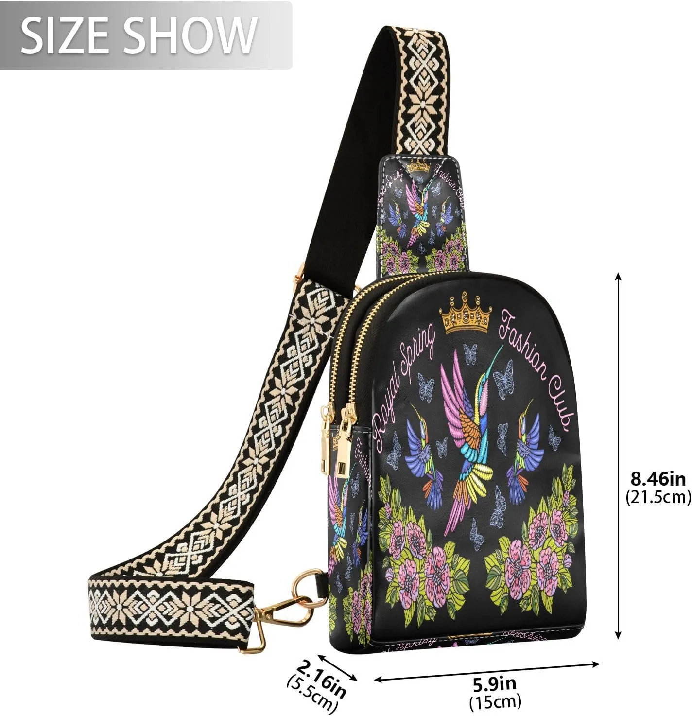 Small Sling Bag for Women Crossbody Hummingbirds Butterflies Fashion Leather Crossbody Bag for Women Embroidery Royal Trendy Crossbody Purse Fanny Pack with Adjustable Guitar Strap Outfit