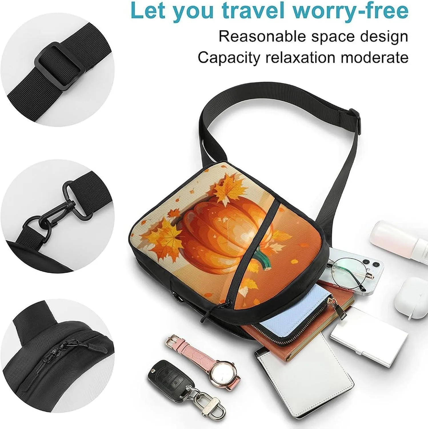 Small Sling Chest Bag Crossbody Bag for Men Women,Autumn Leaves Thanksgiving Day Pumpkin Lightweight Gym Daypack for Travel Cycling Hiking