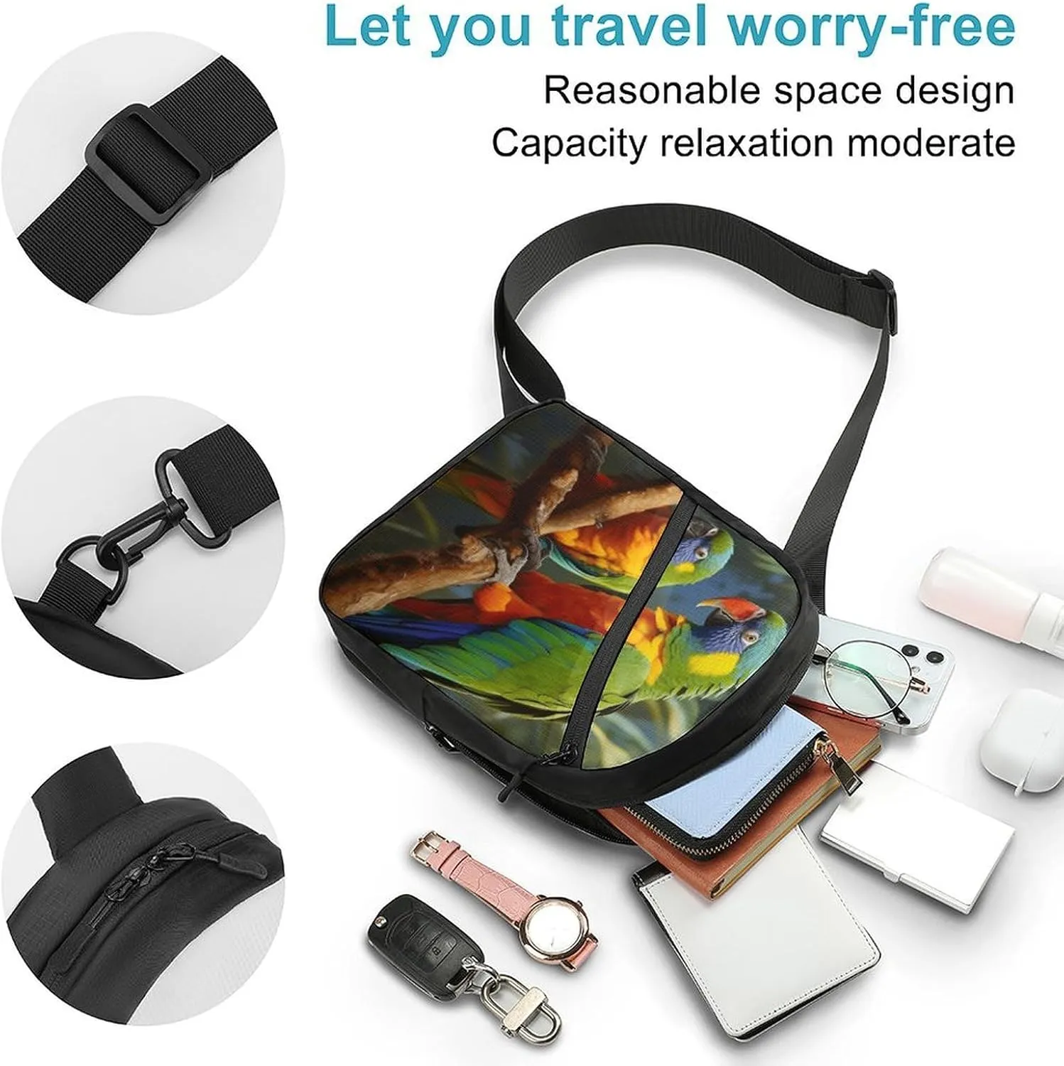 Small Sling Chest Bag Crossbody Bag for Men Women,Bird Parrot Painting Lightweight Gym Daypack for Travel Cycling Hiking