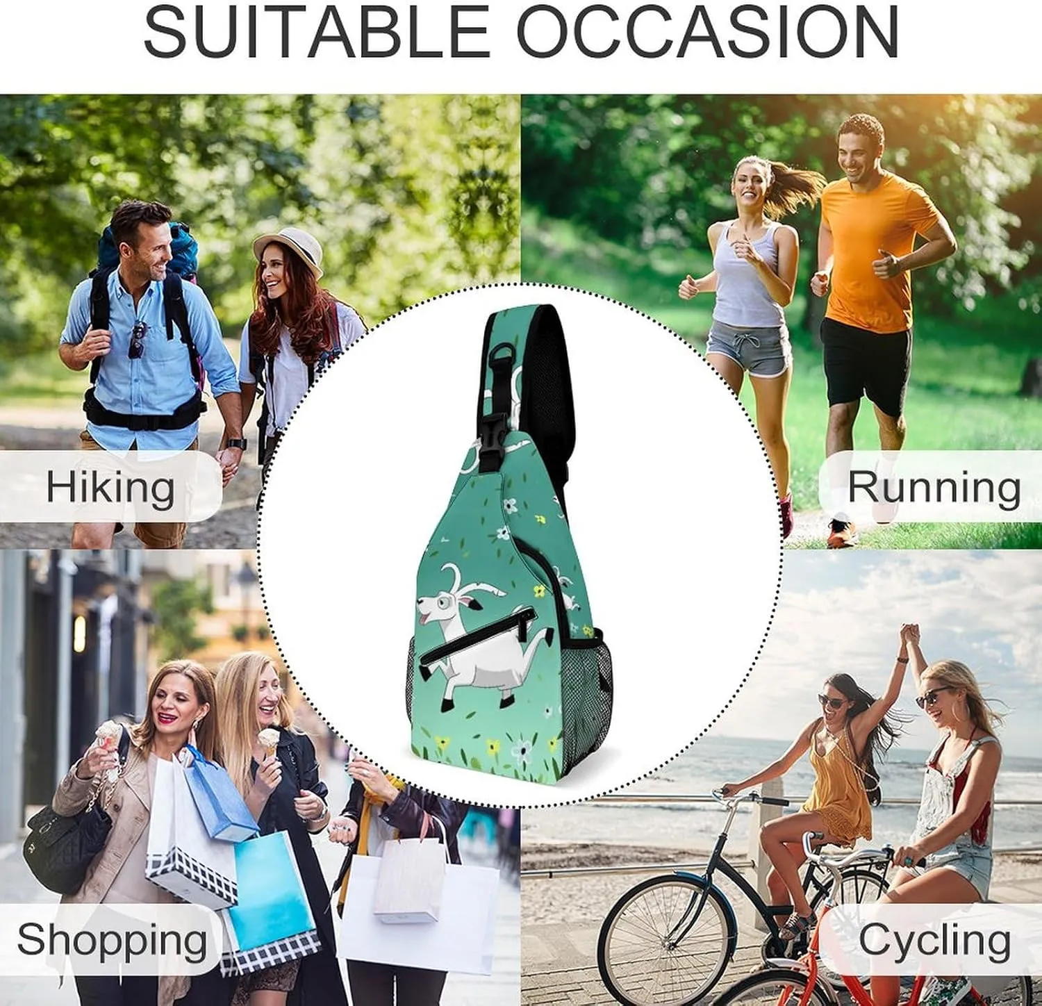 Small Sling Chest Bag Crossbody Bag for Men Women,Goat Frolic Lightweight Gym Daypack for Travel Cycling Hiking
