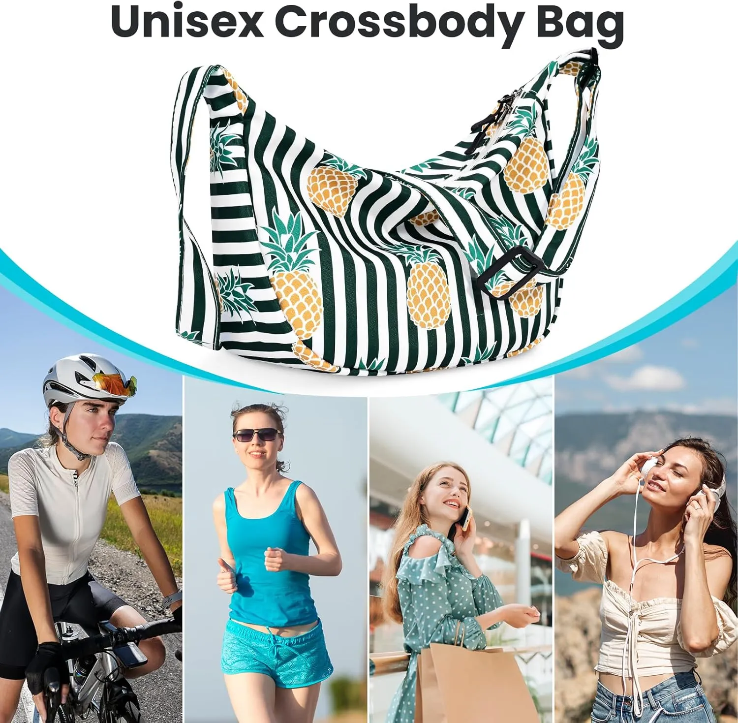 Small Sling Crossbody Bag for Women Men Trendy, Mini Crescent Bag with Adjustable Strap, 2 Zippers Lightweight Nylon Bag