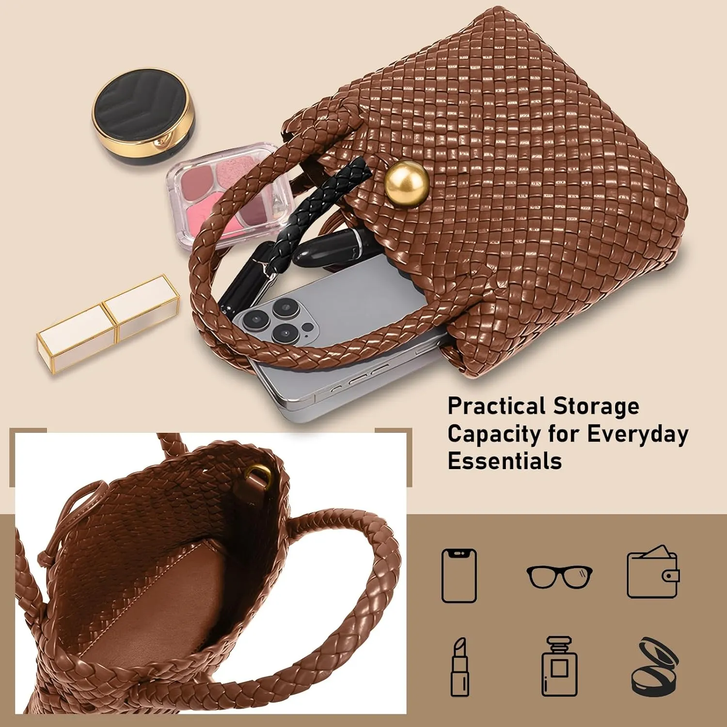 Small Woven Handbag Vegan Leather Top Luxurious Soft Shoulder Crossbody Bag Purse for Women