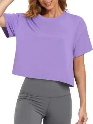 SMENG Womens Cropped T Shirt UPF50  Soft Breathable Tshirt Workout Loose Crewneck Short Sleeve Tops 2025 Trendy