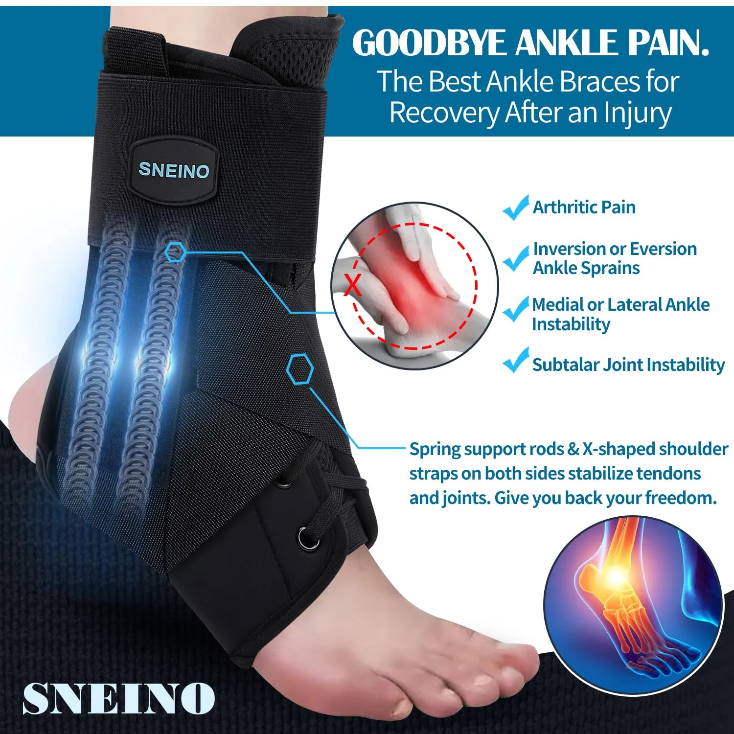 SNEINO Ankle Brace for Women & Men - Adjustable Ankle Support for Sprained Ankle, Breathable Lace Up Ankle Stabilizer for Running, Basketball, Volleyball (Black, Large 11)