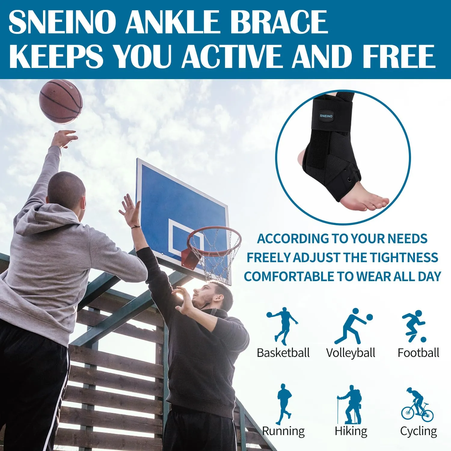 SNEINO Ankle Brace for Women & Men - Adjustable Ankle Support for Sprained Ankle, Breathable Lace Up Ankle Stabilizer for Running, Basketball, Volleyball (Black, Medium 11)