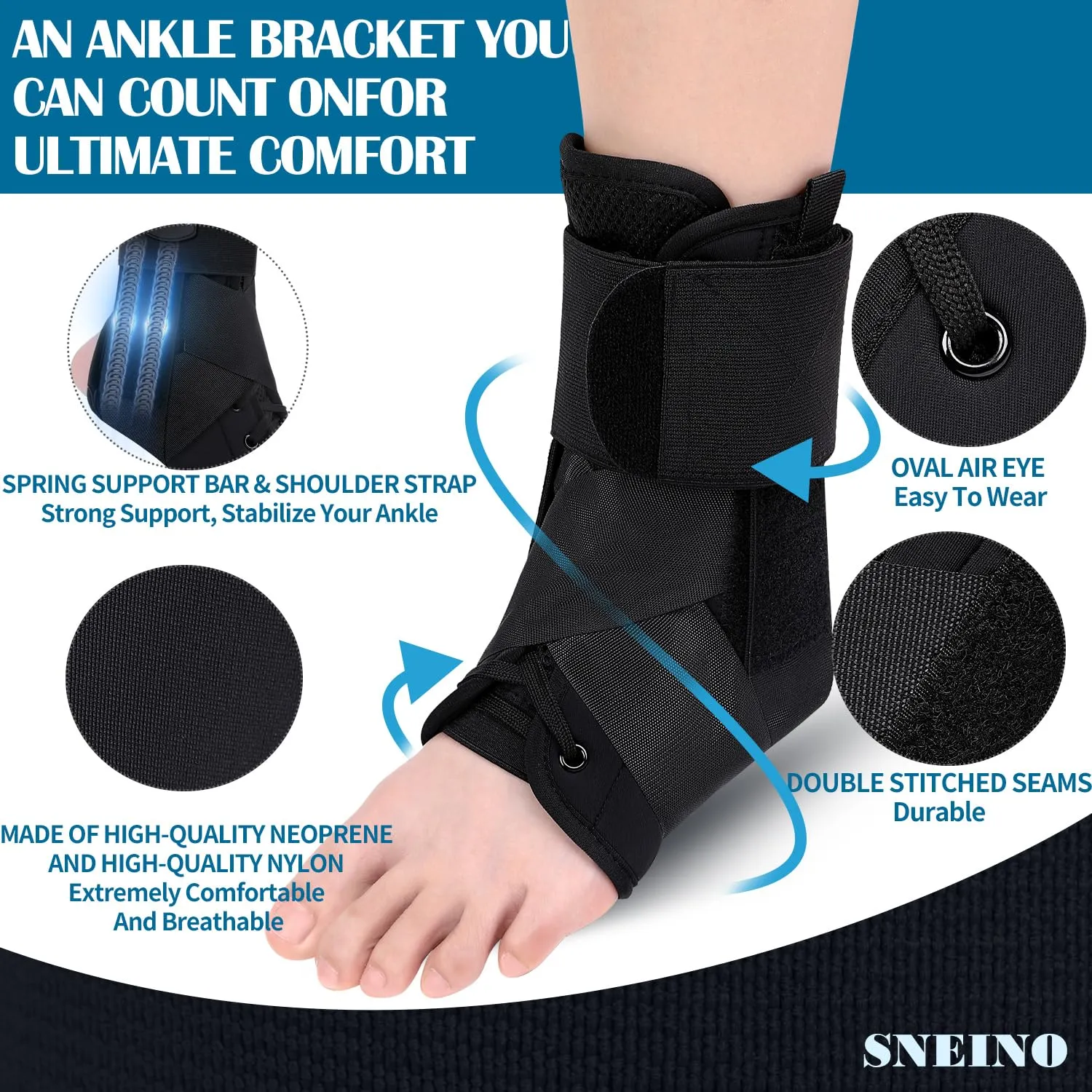 SNEINO Ankle Brace for Women & Men - Adjustable Ankle Support for Sprained Ankle, Breathable Lace Up Ankle Stabilizer for Running, Basketball, Volleyball (Black, Medium 11)