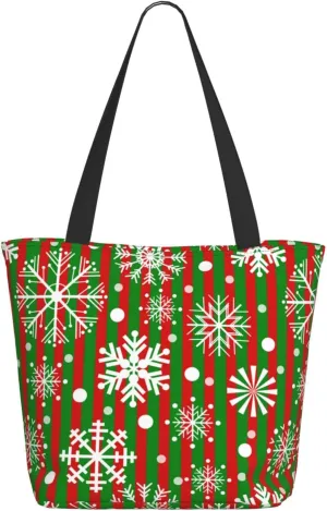 Snowflakes Red Green Stripes Tote Bag Women Reusable Shopping Bags Shoulder Bag Portable Storage HandBags