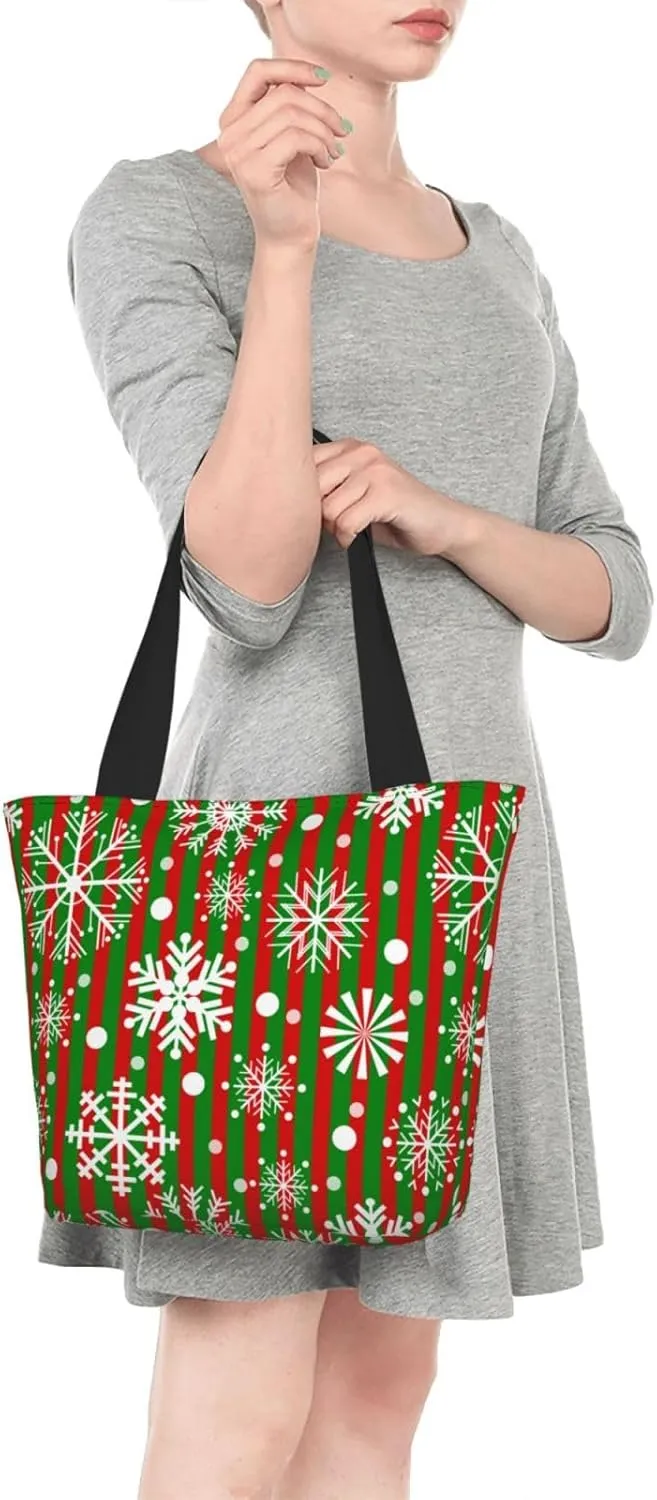 Snowflakes Red Green Stripes Tote Bag Women Reusable Shopping Bags Shoulder Bag Portable Storage HandBags