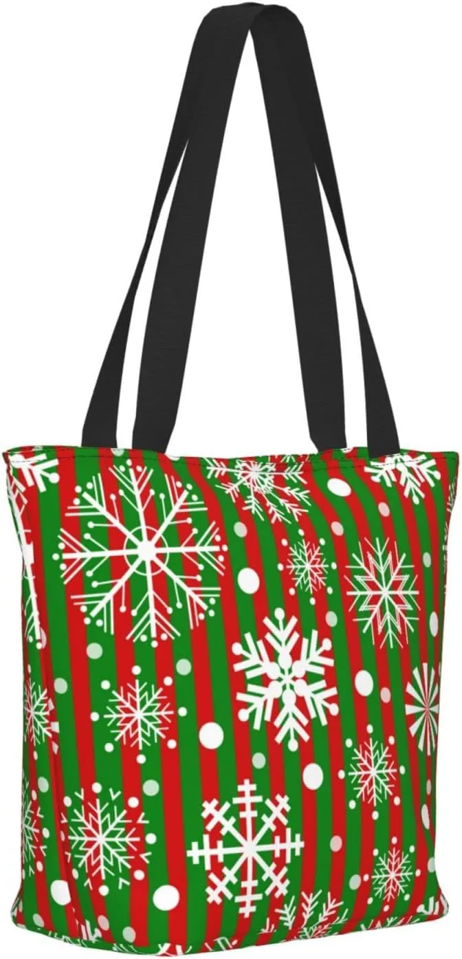 Snowflakes Red Green Stripes Tote Bag Women Reusable Shopping Bags Shoulder Bag Portable Storage HandBags