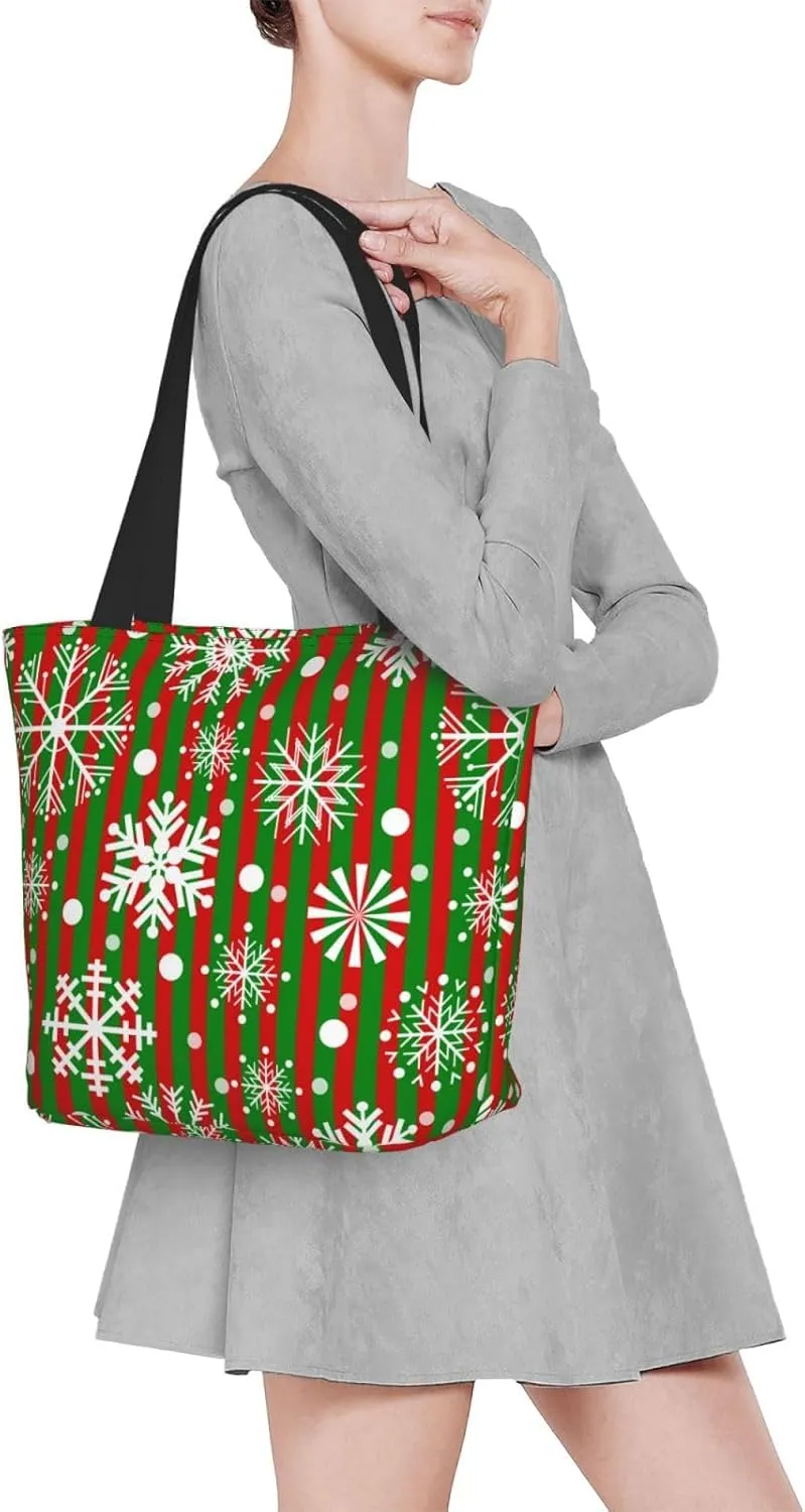 Snowflakes Red Green Stripes Tote Bag Women Reusable Shopping Bags Shoulder Bag Portable Storage HandBags