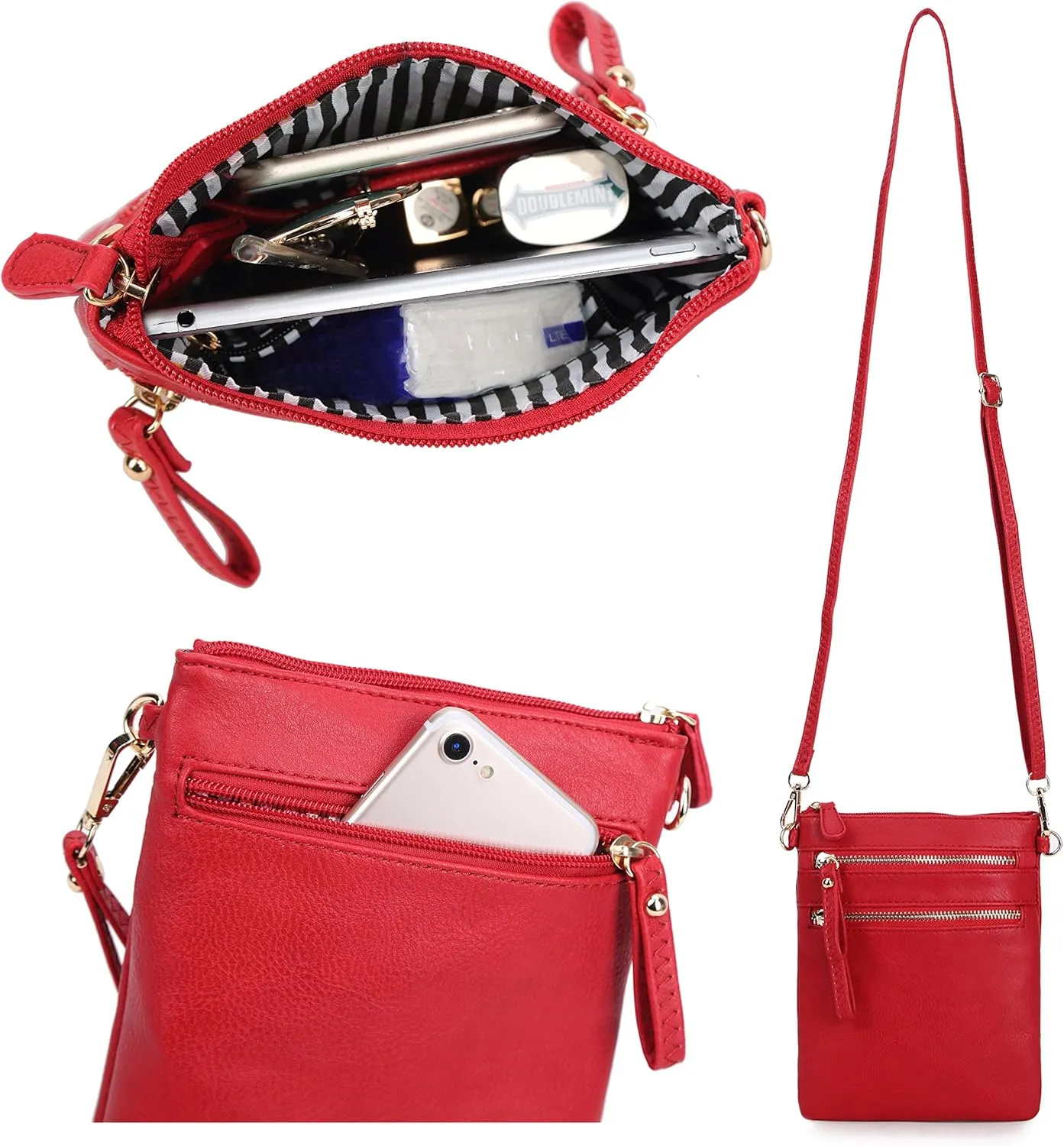 Solene Small Crossbody Bag for Women, Multi Zip Pockets with Detachable Wristlet, Lightweight Travel Purse, Cell Phone Pouch