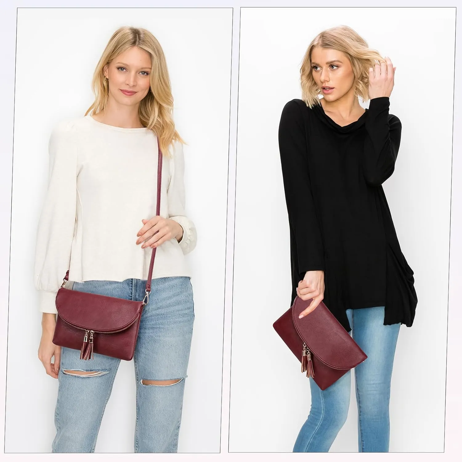 Solene Womens Envelop Clutch Purse Multi Compartments, 6 Card Slot Inside, Crossbody Bag With Tassels