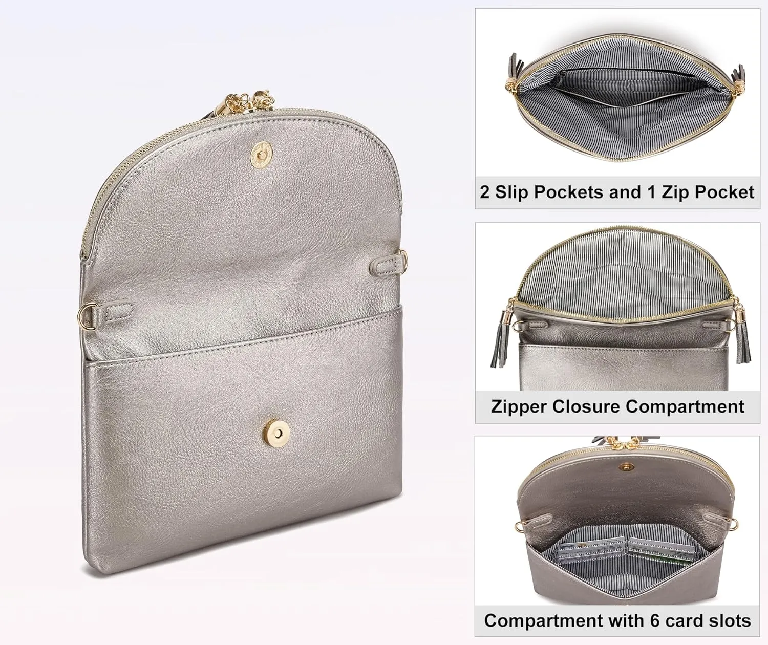 Solene Womens Envelop Clutch Purse Multi Compartments, 6 Card Slot Inside, Crossbody Bag With Tassels