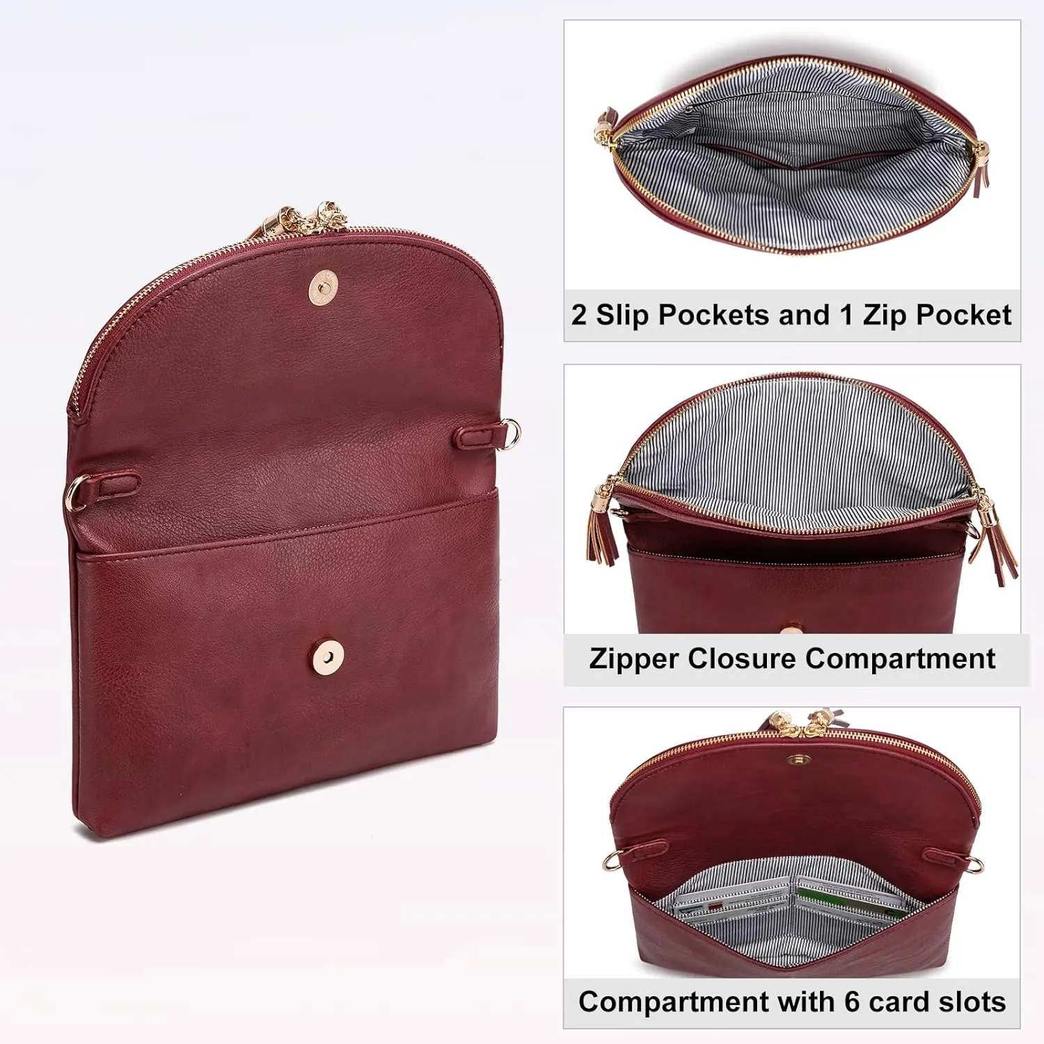 Solene Womens Envelop Clutch Purse Multi Compartments, 6 Card Slot Inside, Crossbody Bag With Tassels