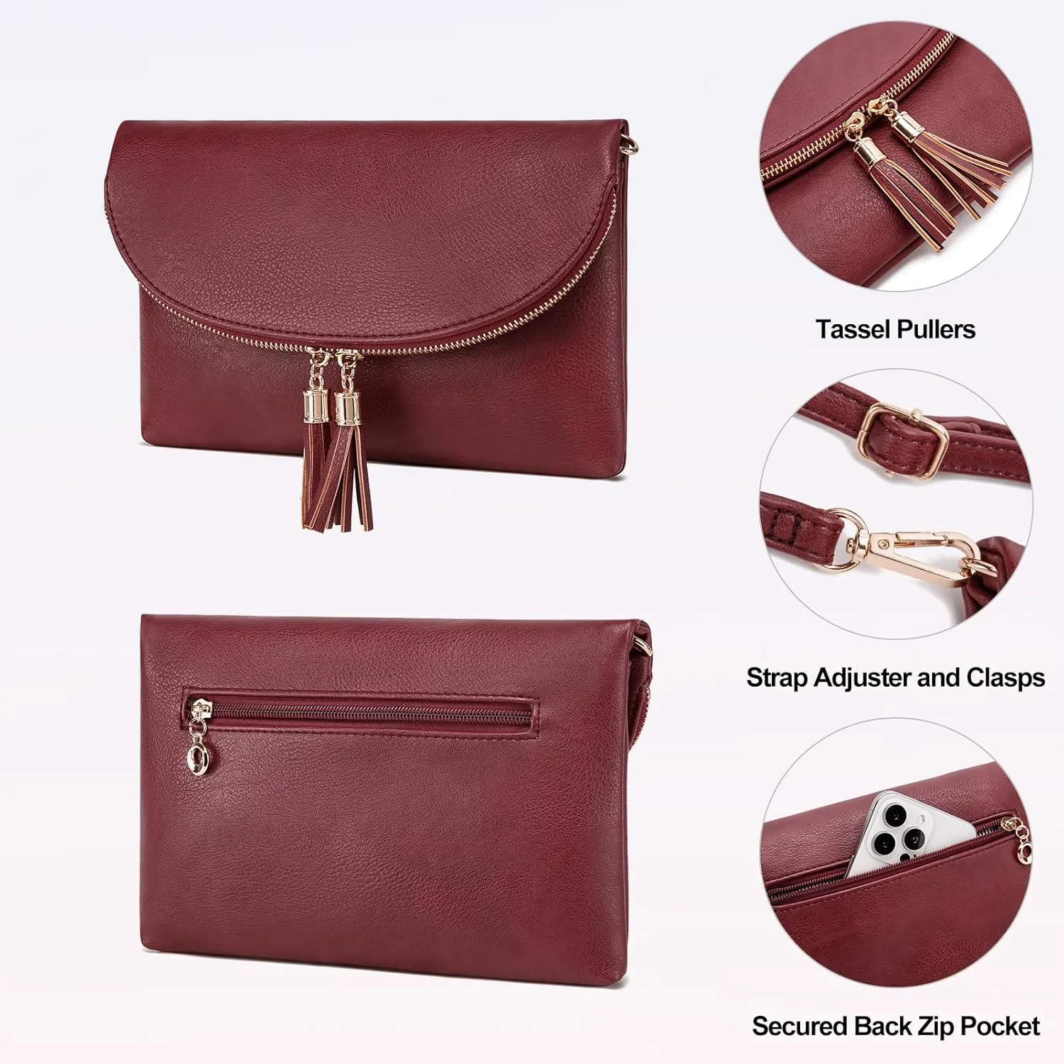 Solene Womens Envelop Clutch Purse Multi Compartments, 6 Card Slot Inside, Crossbody Bag With Tassels