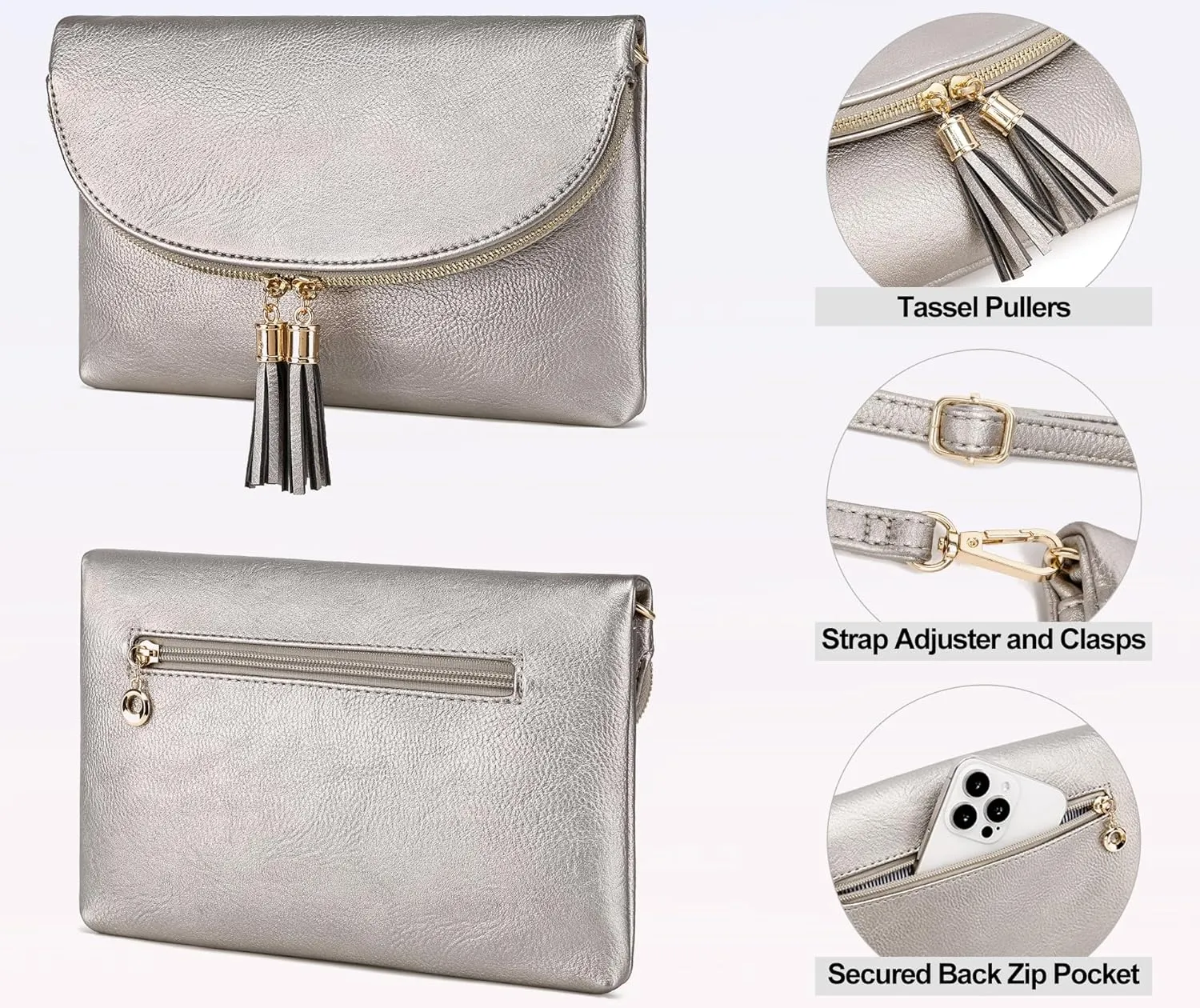 Solene Womens Envelop Clutch Purse Multi Compartments, 6 Card Slot Inside, Crossbody Bag With Tassels
