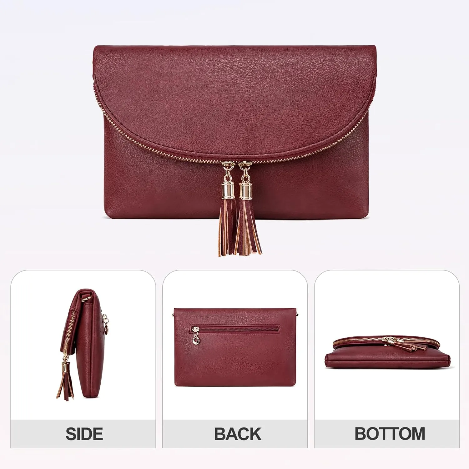 Solene Womens Envelop Clutch Purse Multi Compartments, 6 Card Slot Inside, Crossbody Bag With Tassels