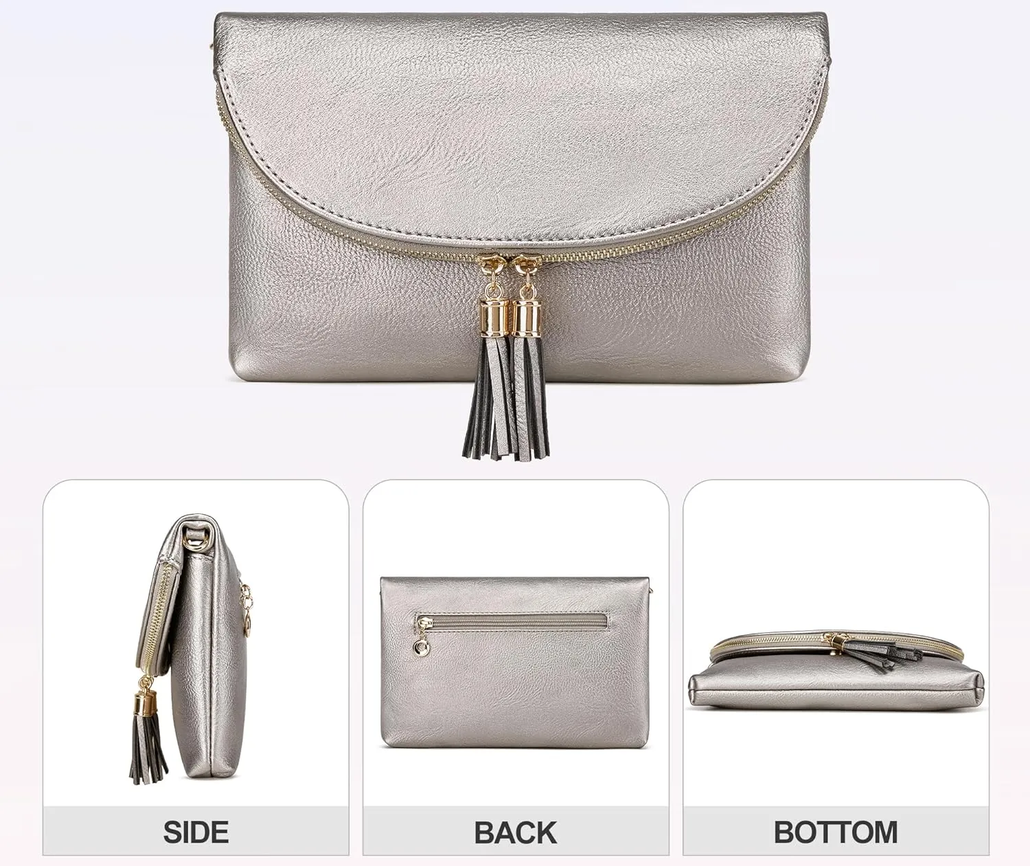 Solene Womens Envelop Clutch Purse Multi Compartments, 6 Card Slot Inside, Crossbody Bag With Tassels
