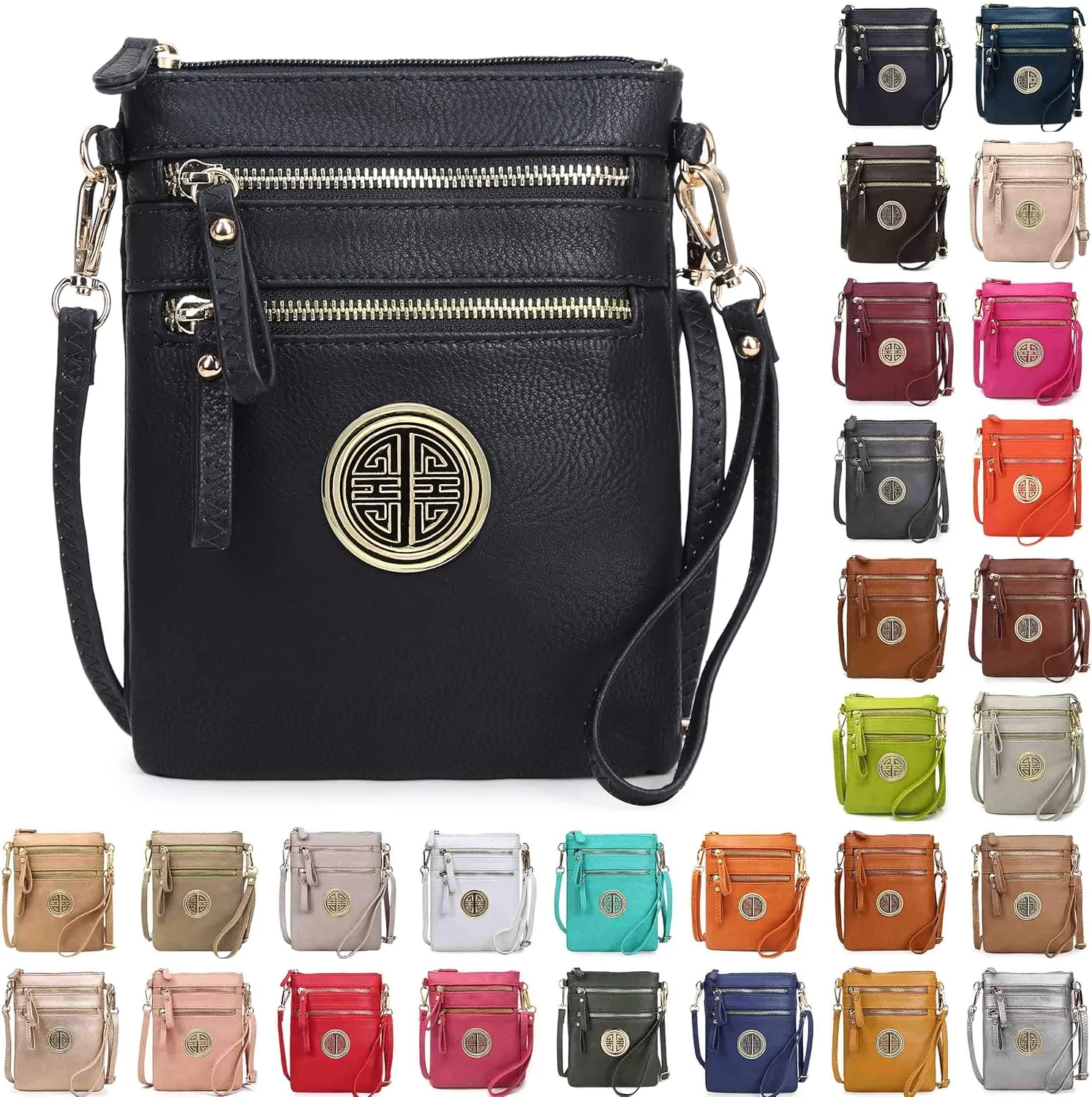 Solene Women's Faux Leather Organizer Multi Zipper Pockets With Detachable Wristlet Crossbody Bag
