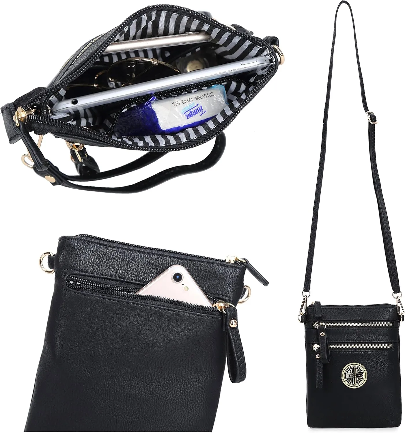 Solene Women's Faux Leather Organizer Multi Zipper Pockets With Detachable Wristlet Crossbody Bag