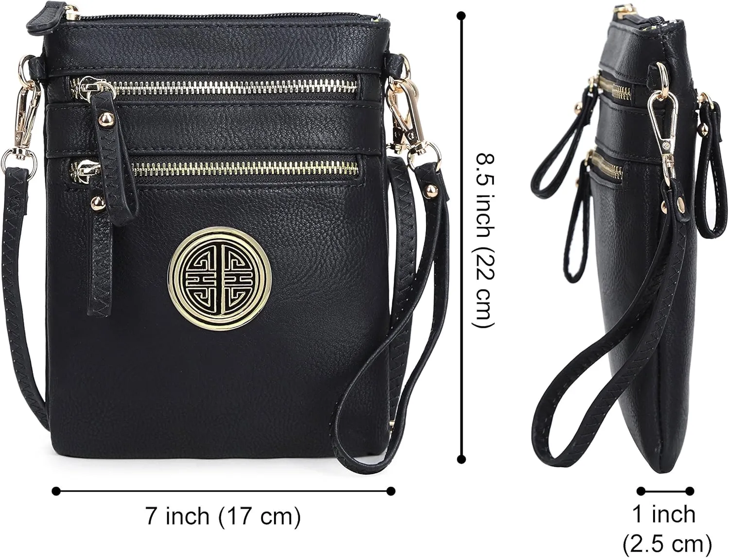 Solene Women's Faux Leather Organizer Multi Zipper Pockets With Detachable Wristlet Crossbody Bag