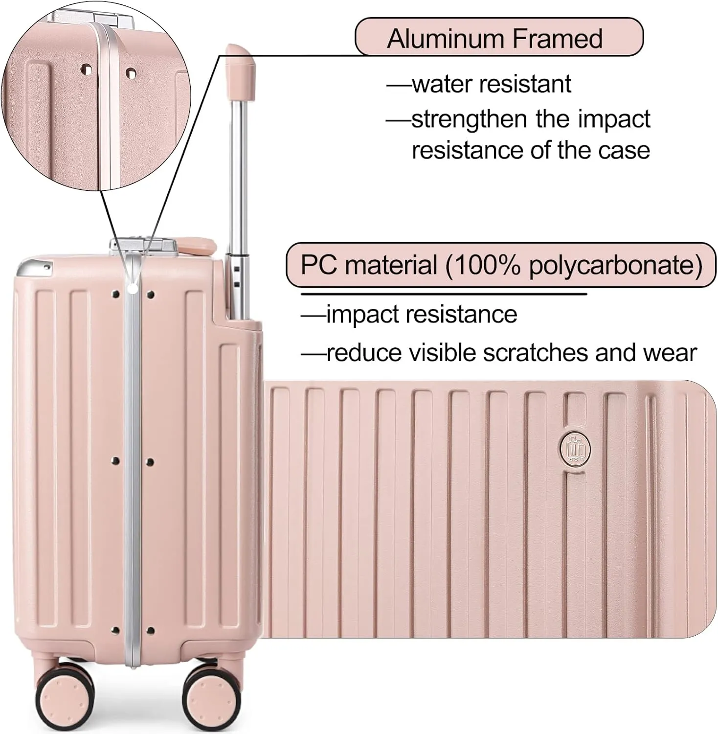 Somago Aluminum Frame 18" Carry On Luggage Wide Handle Suitcase Built-In Double TSA Lock Hardside Lightweight PC Travel Suitcase with Spinner Wheels,Pink