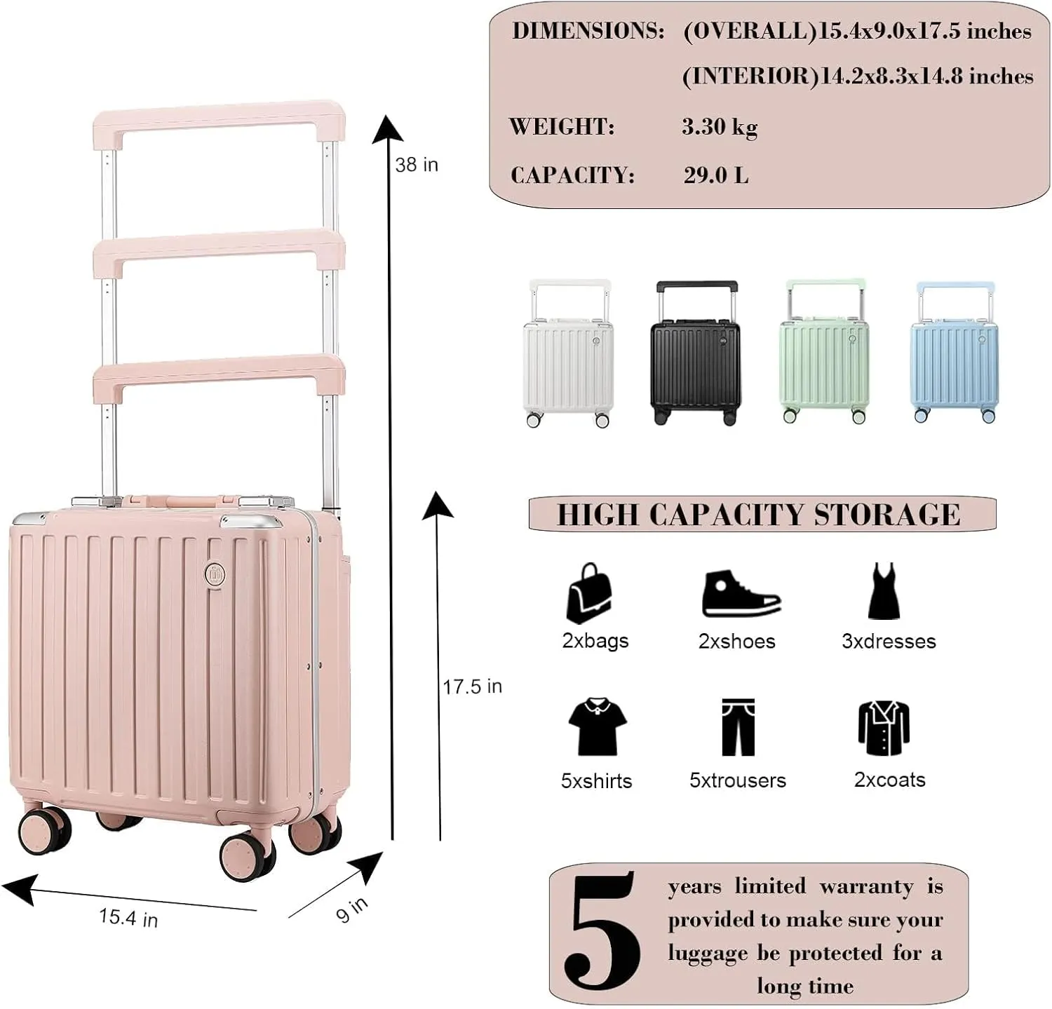 Somago Aluminum Frame 18" Carry On Luggage Wide Handle Suitcase Built-In Double TSA Lock Hardside Lightweight PC Travel Suitcase with Spinner Wheels,Pink