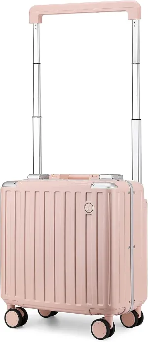 Somago Aluminum Frame 18" Carry On Luggage Wide Handle Suitcase Built-In Double TSA Lock Hardside Lightweight PC Travel Suitcase with Spinner Wheels,Pink