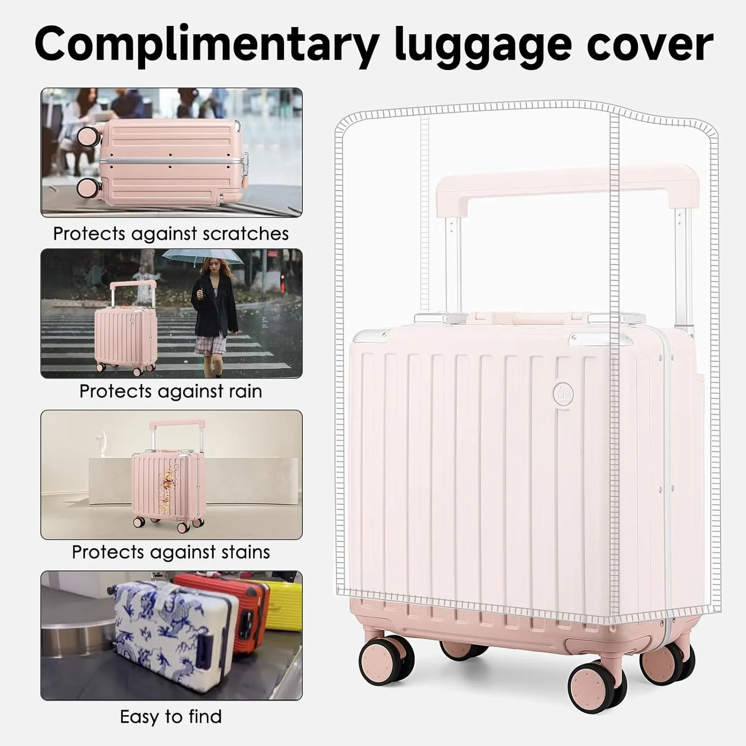 Somago Aluminum Frame 18" Carry On Luggage Wide Handle Suitcase Built-In Double TSA Lock Hardside Lightweight PC Travel Suitcase with Spinner Wheels,Pink