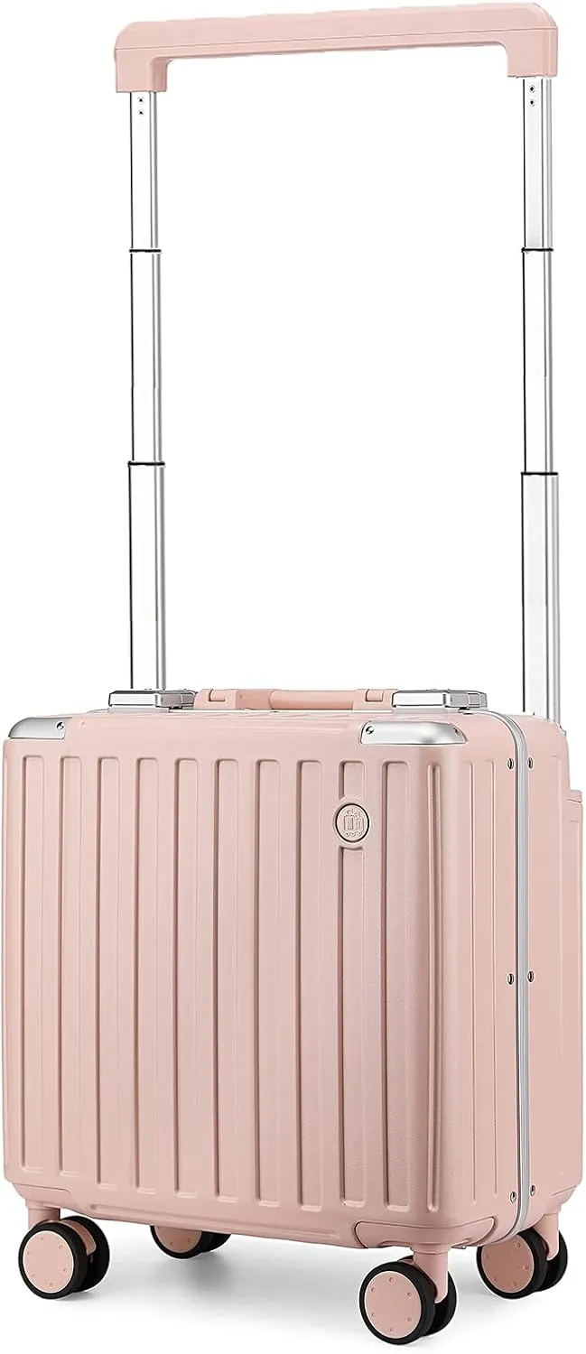 Somago Aluminum Frame 18" Carry On Luggage Wide Handle Suitcase Built-In Double TSA Lock Hardside Lightweight PC Travel Suitcase with Spinner Wheels,Pink