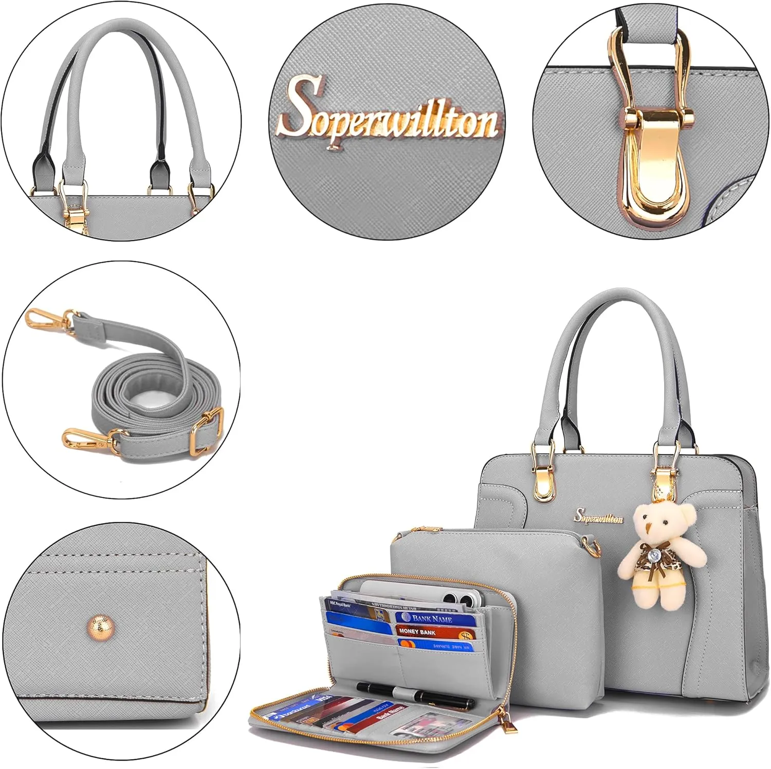 Soperwillton Purses for Women Crossbody Shoulder Handbags Top Handle Satchel Tote Bag Wallet Set 3pcs