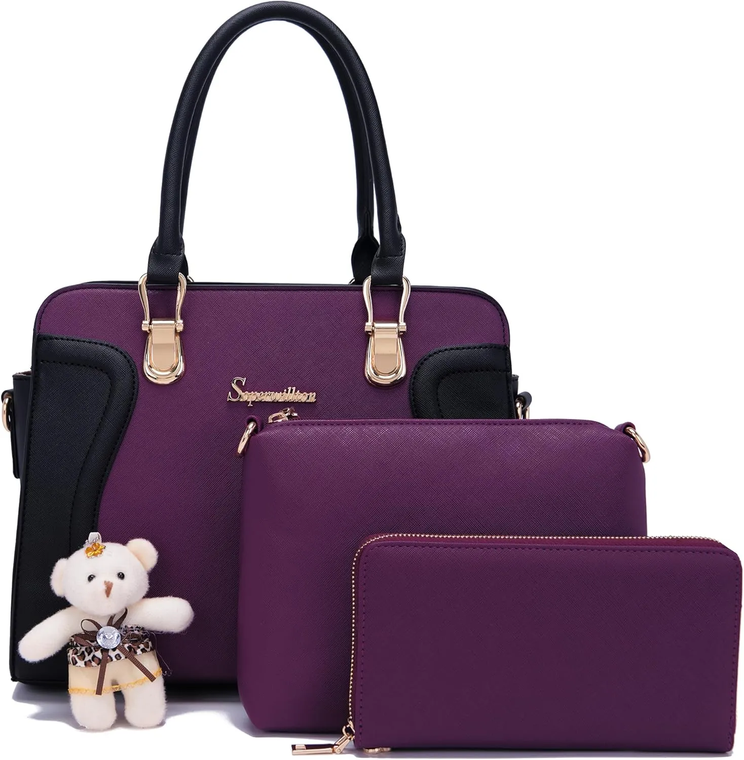 Soperwillton Purses for Women Crossbody Shoulder Handbags Top Handle Satchel Tote Bag Wallet Set 3pcs