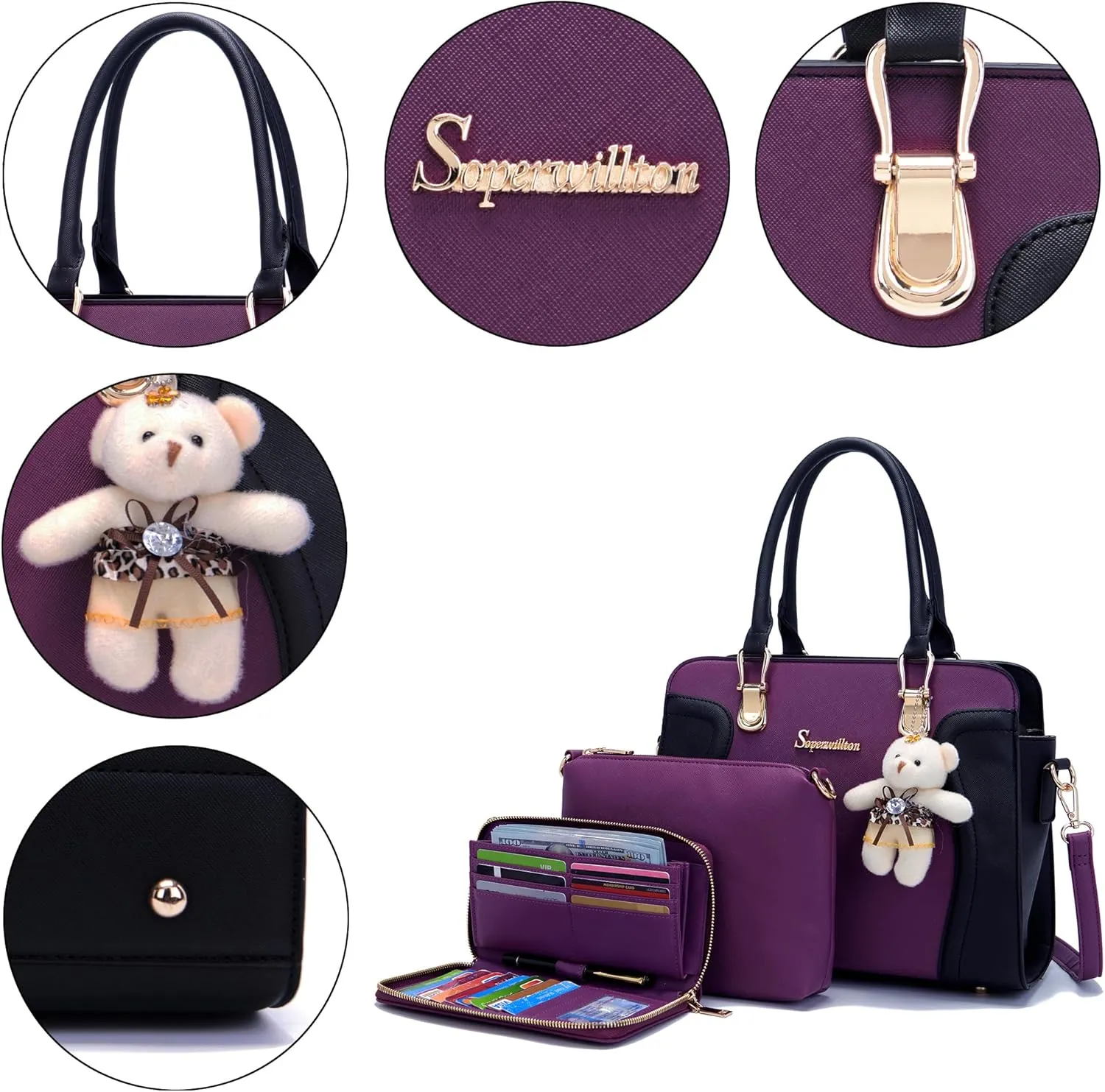 Soperwillton Purses for Women Crossbody Shoulder Handbags Top Handle Satchel Tote Bag Wallet Set 3pcs