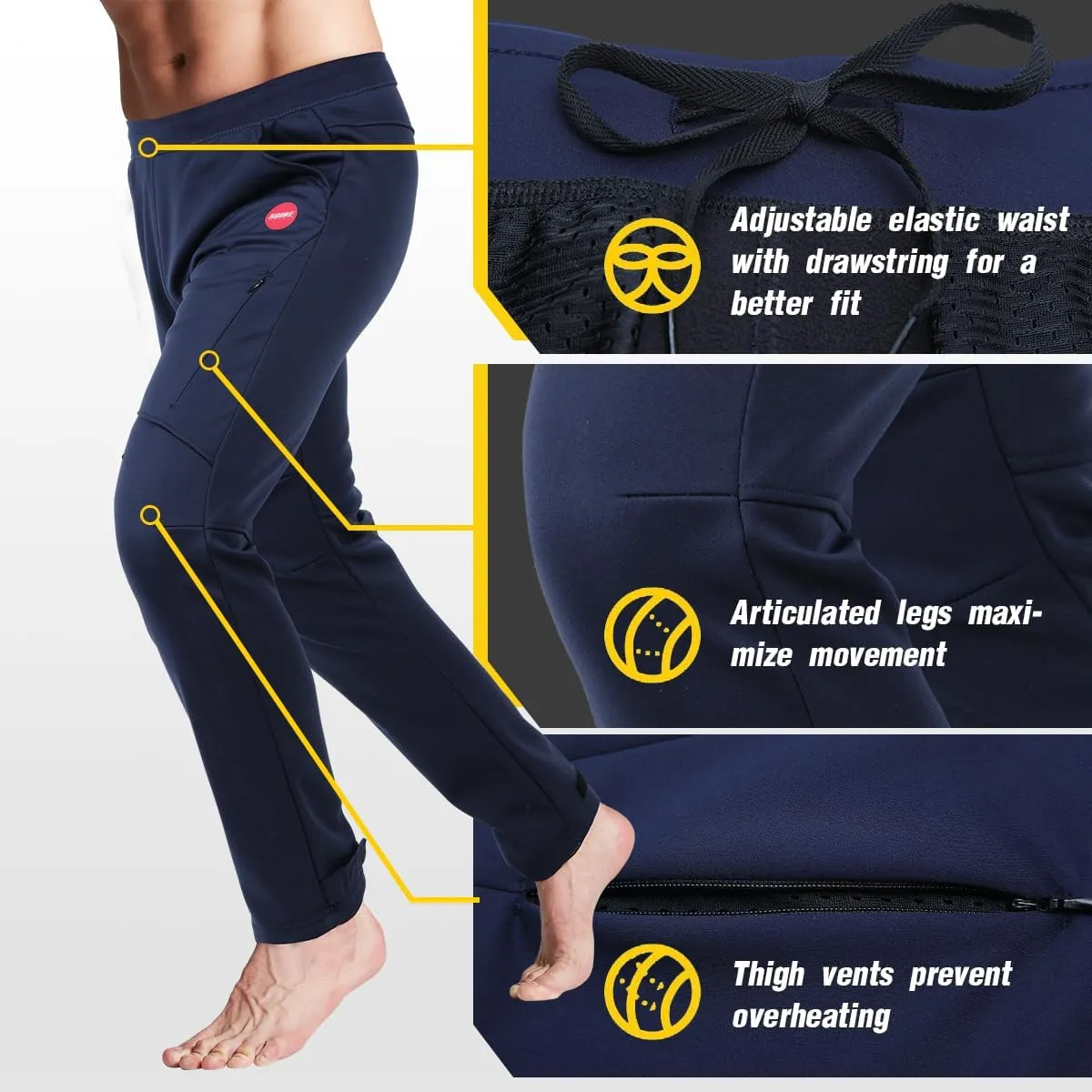 Souke Sports Men's Winter Cycling Pants, Windproof Fleece Thermal Bike Pants, Breathable Athletic Sweatpants for Running