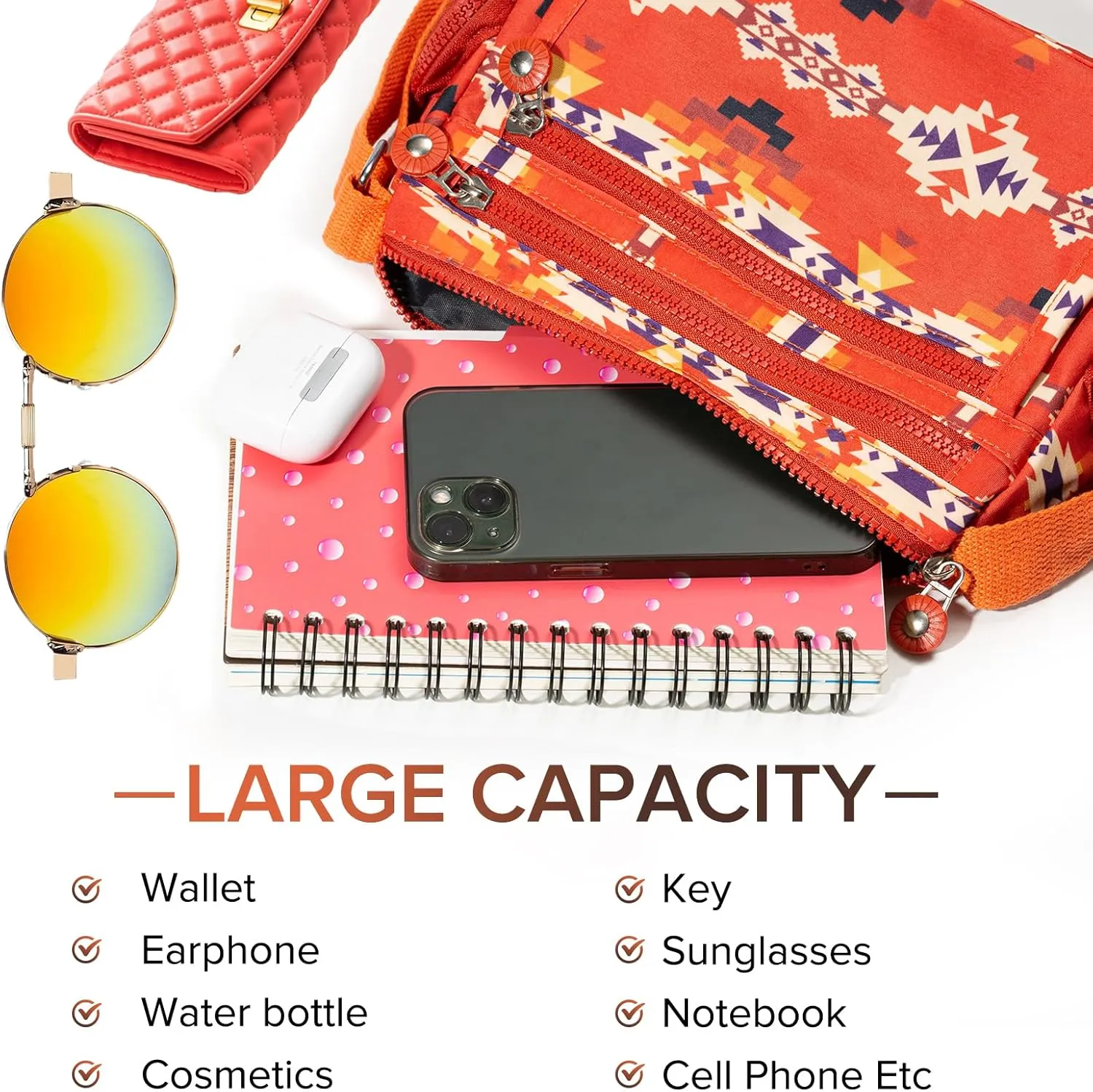 Southwest Shoulder Crossbody Bag for Women, Aztec Satchel&Purse with Multi Zipper Pocket and Adjustable Strap