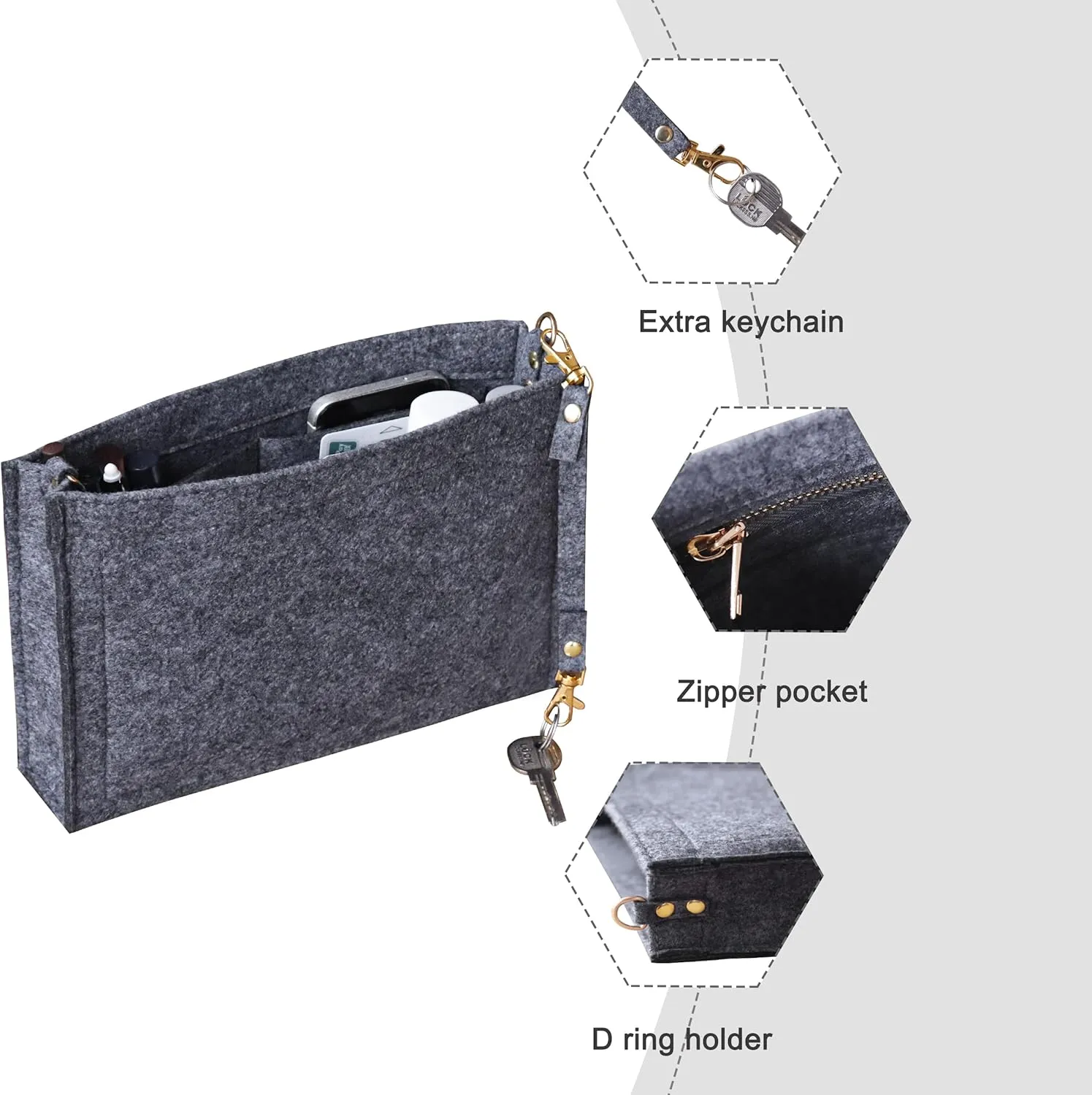 Soyizom Toiletry Pouch - 26 Bag Organizer Insert for Cosmetics, Felt Purse Organizer Insert with Keychain & Gold Buckle & Zip (Large, Grey)