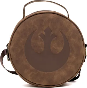 Star Wars Vegan Leather Round Crossbody Bag with Adjustable Straps, Rebel Alliance Insignia Emblem Debossed, Brown