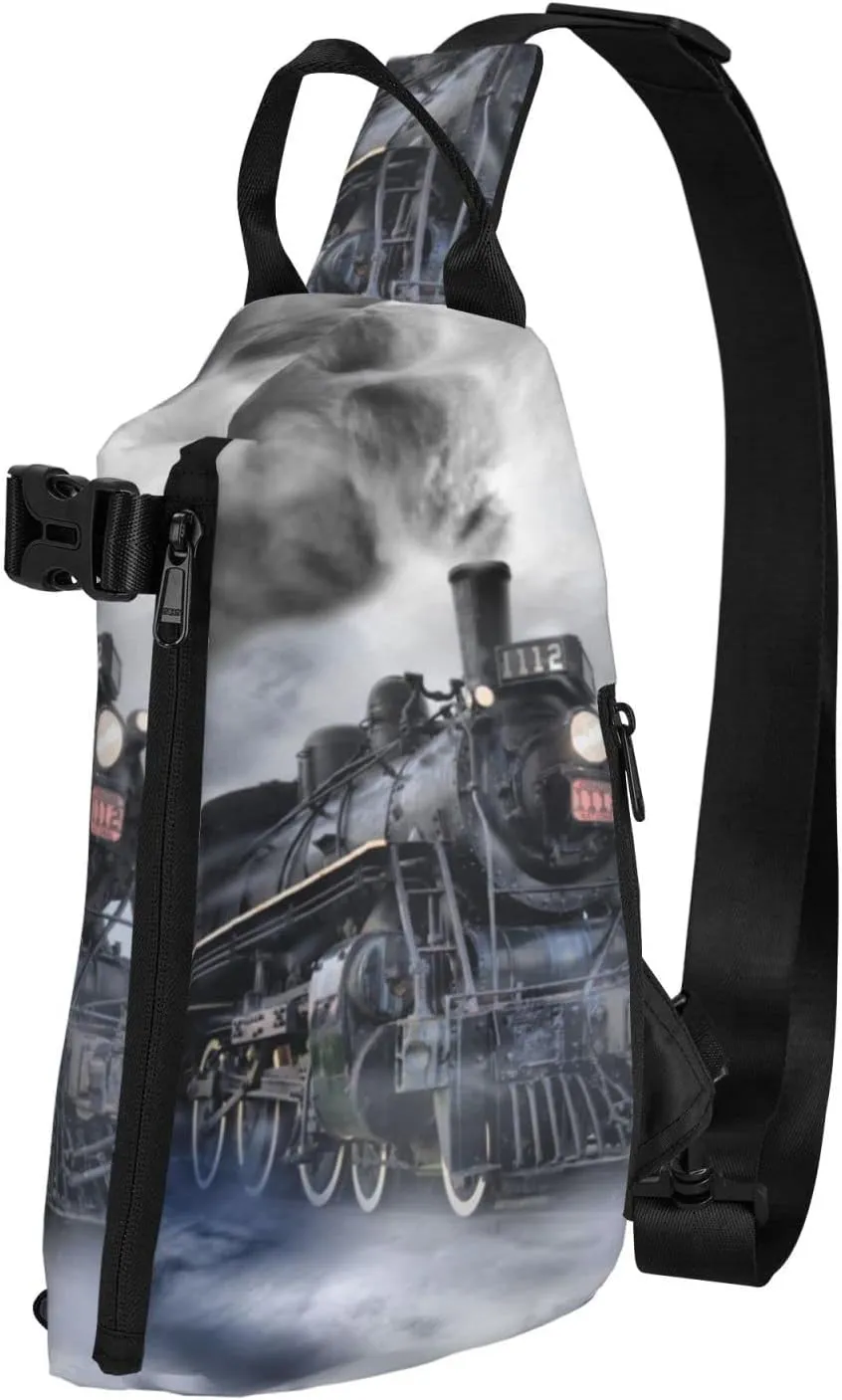Steam Train Clouds Print Crossbody Backpack Unisex Chest Bag, Lightweight And Sling Bag For Travel