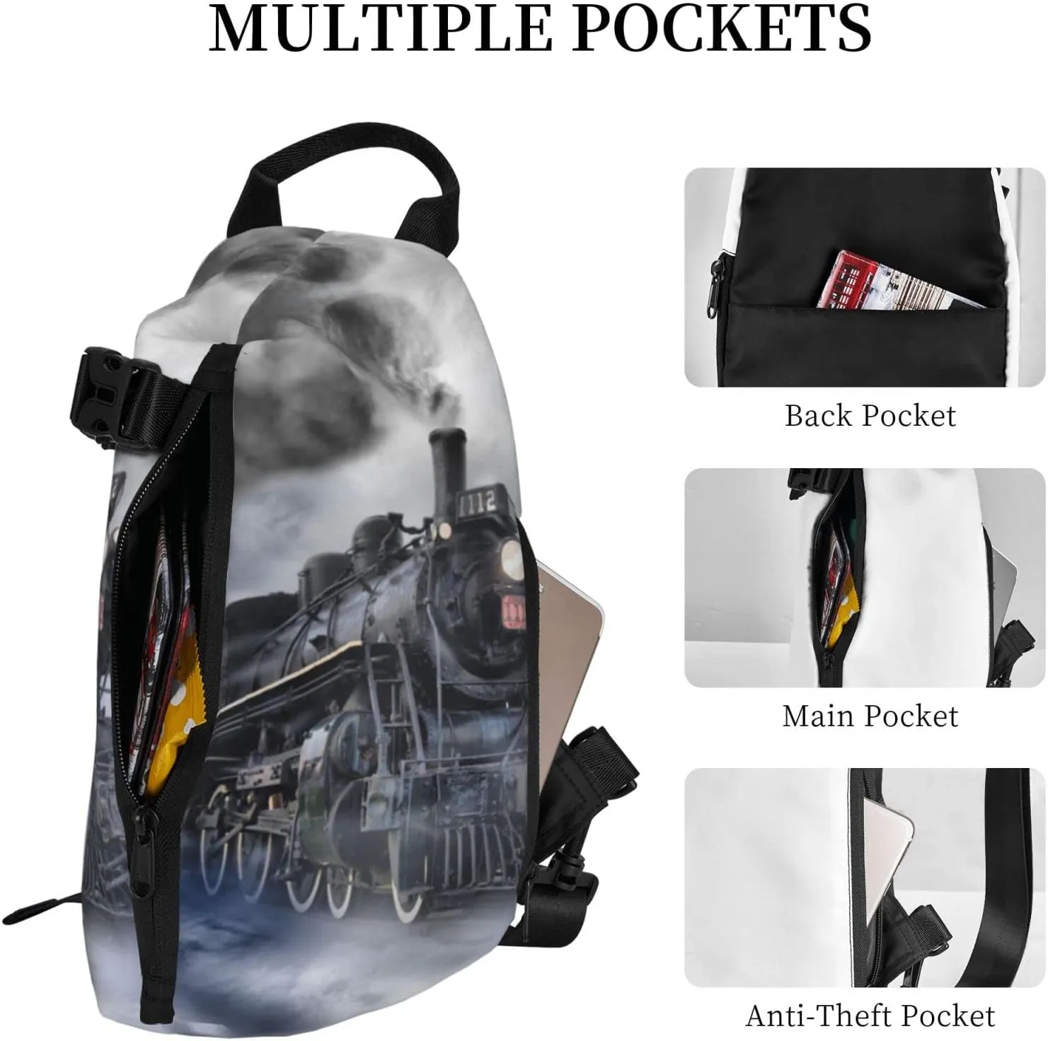 Steam Train Clouds Print Crossbody Backpack Unisex Chest Bag, Lightweight And Sling Bag For Travel