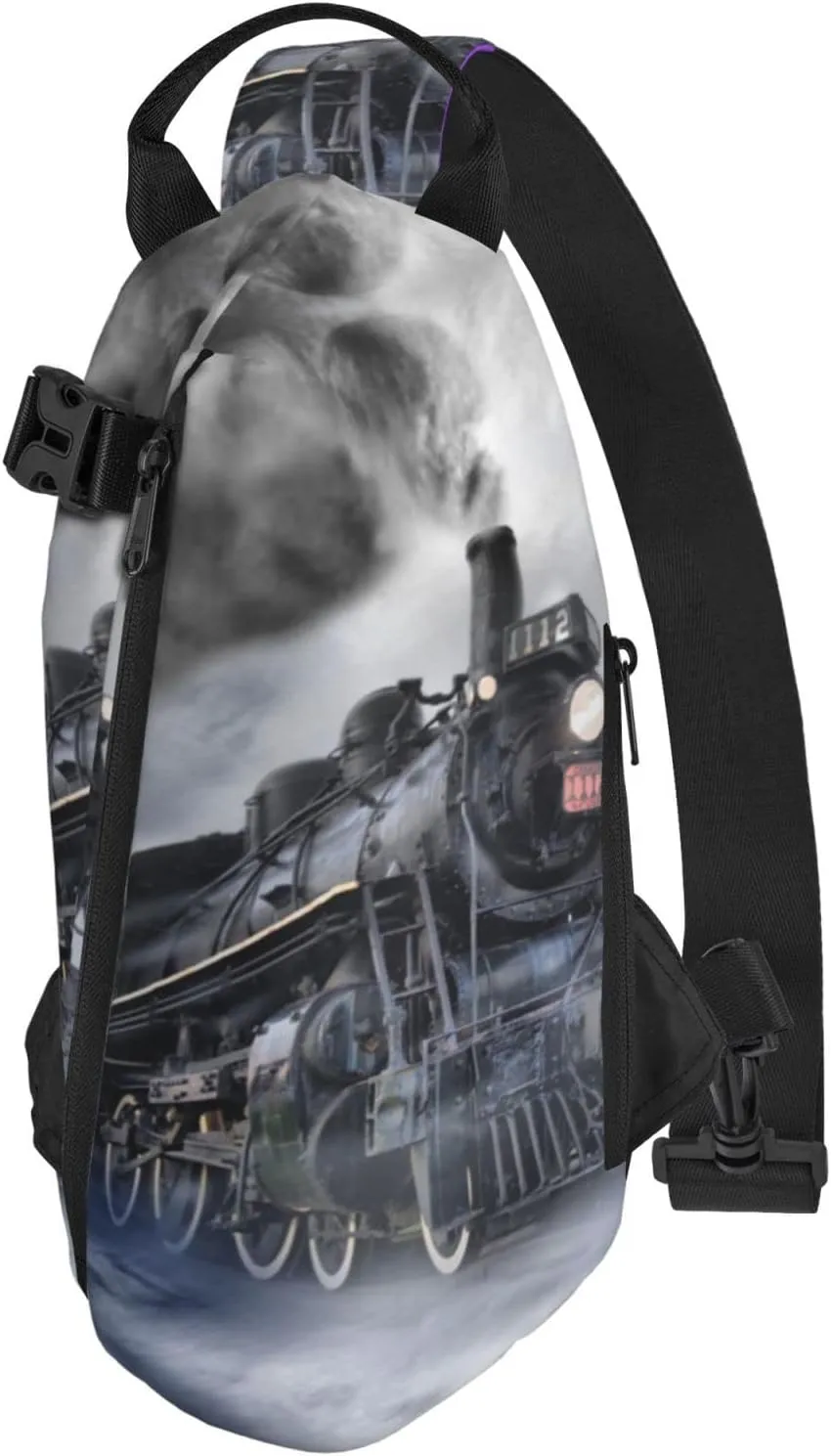 Steam Train Clouds Print Crossbody Backpack Unisex Chest Bag, Lightweight And Sling Bag For Travel